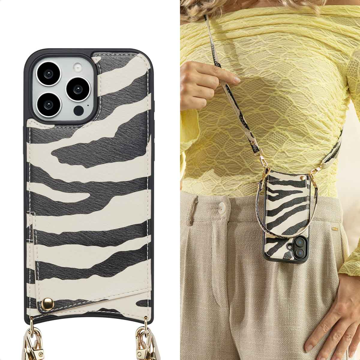 Funda para teléfono con patrón en blanco y negro y correa ajustable, usada por una persona.