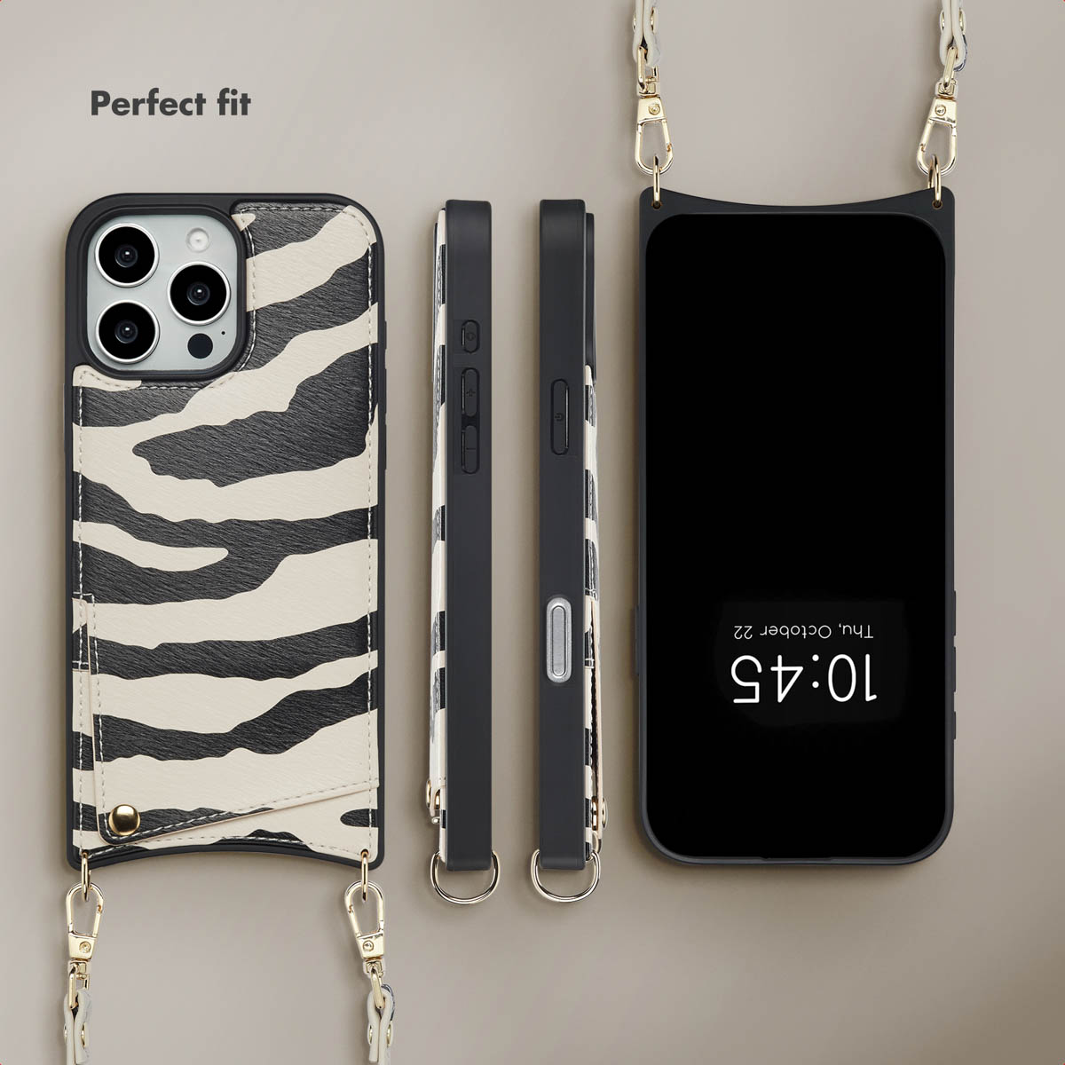Una funda para teléfono con estampado de cebra en blanco y negro, mostrada desde varios ángulos con correa.