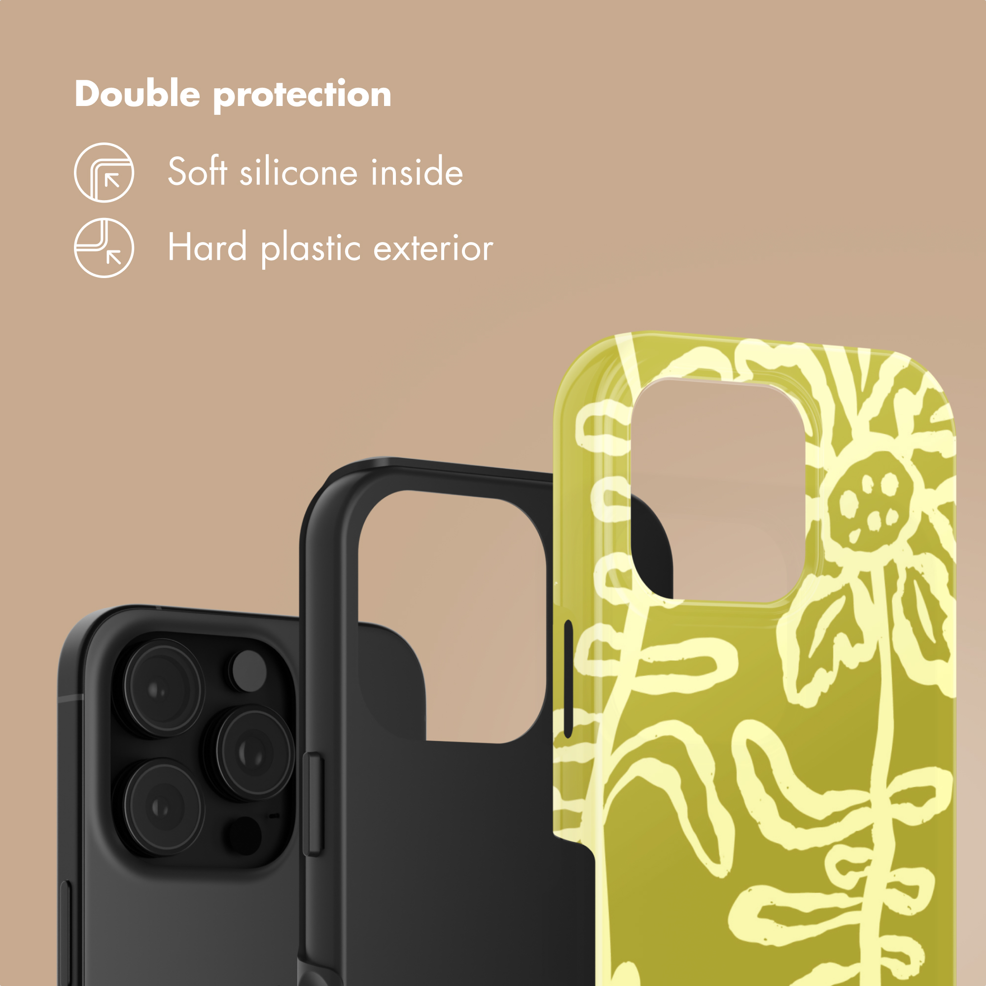 Pubblicità di una cover con doppia protezione: interno in morbido silicone ed esterno rigido.
