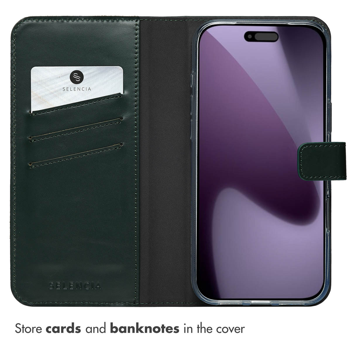 Étui de téléphone en cuir vert avec fentes pour cartes et un smartphone.