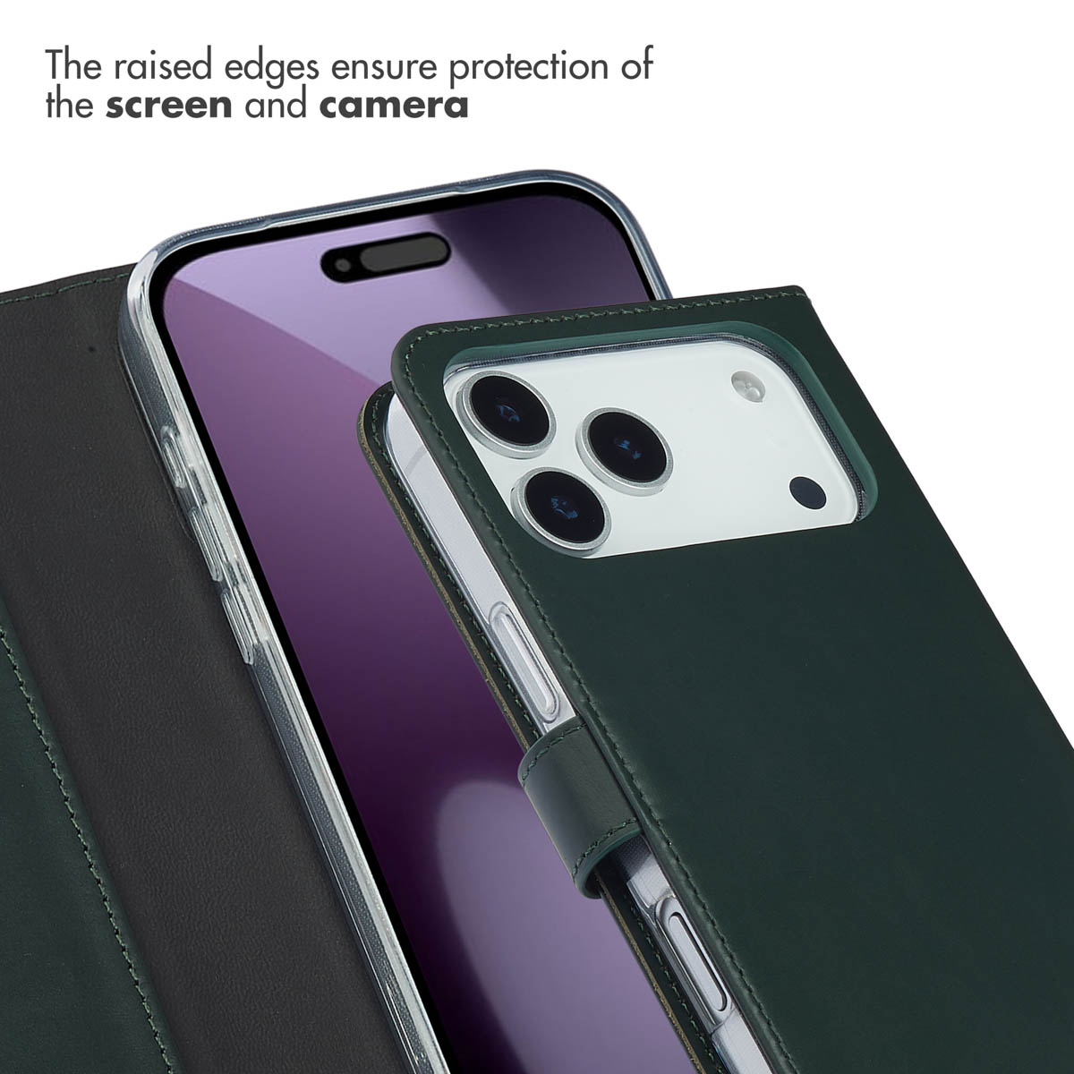 Coque de téléphone en cuir vert foncé avec bords surélevés.