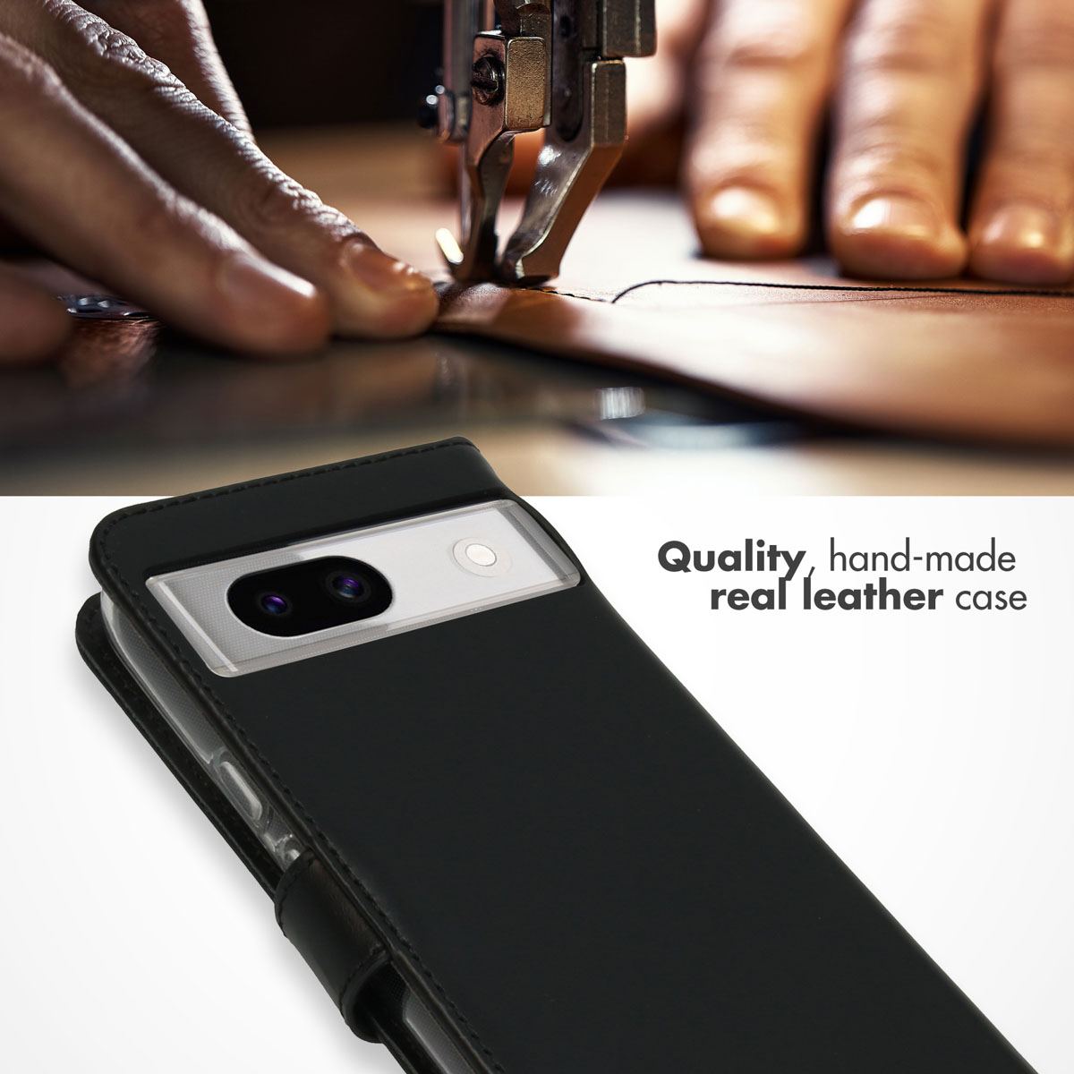 Étui de téléphone en cuir véritable fait main sous une machine à coudre avec texte étui en cuir véritable fait main.