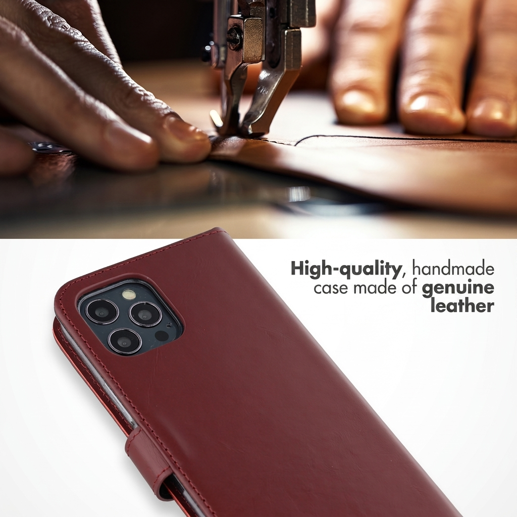 Primer plano de una mano cosiendo cuero con máquina, mostrando debajo una funda de cuero rojo.