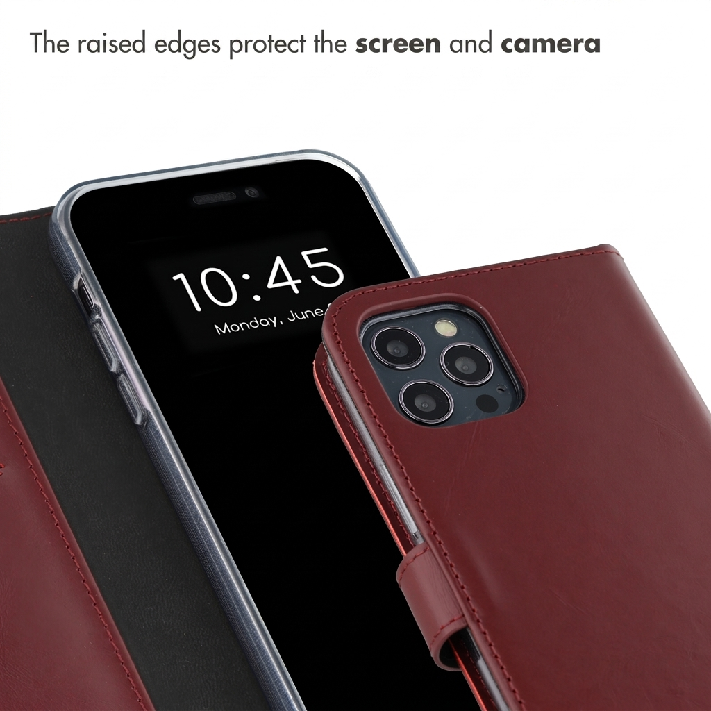 Una funda de cuero rojo oscuro para teléfono muestra la pantalla y la cámara protegidas por bordes elevados.