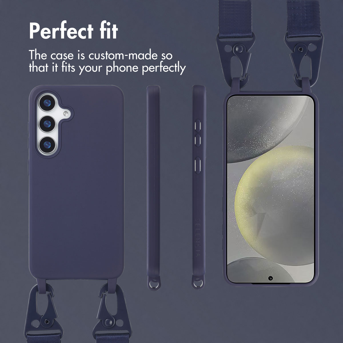 Fundas para móvil azul oscuro con correa, mostrando varios ángulos y el texto Perfect fit.