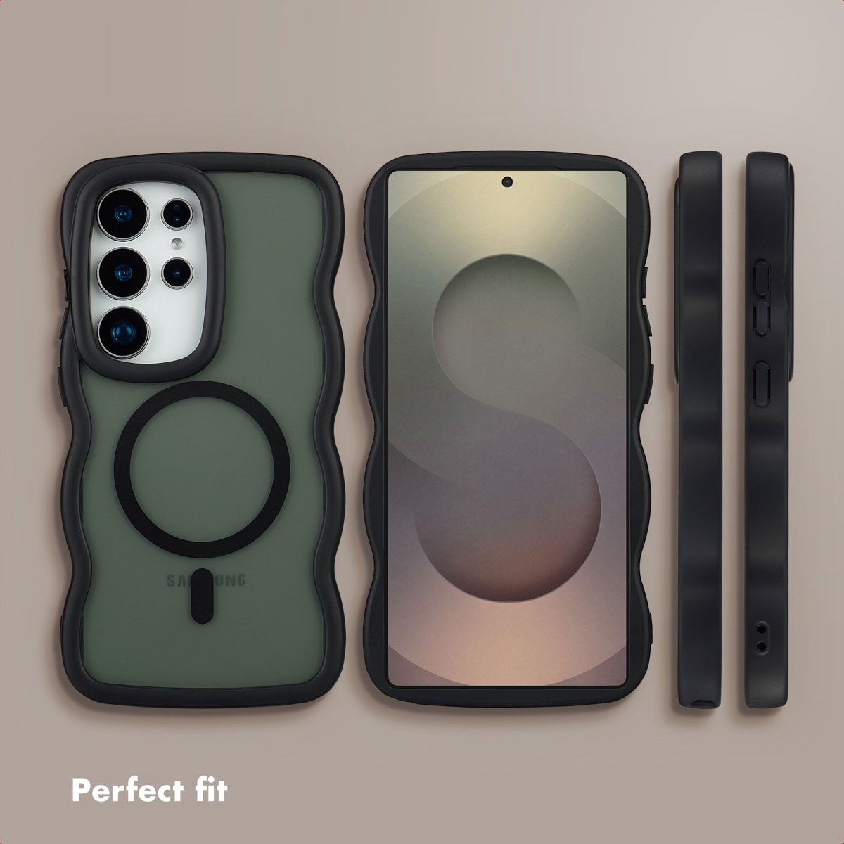 Uno smartphone da più angolazioni in una custodia verde ondulata con anello magnetico.