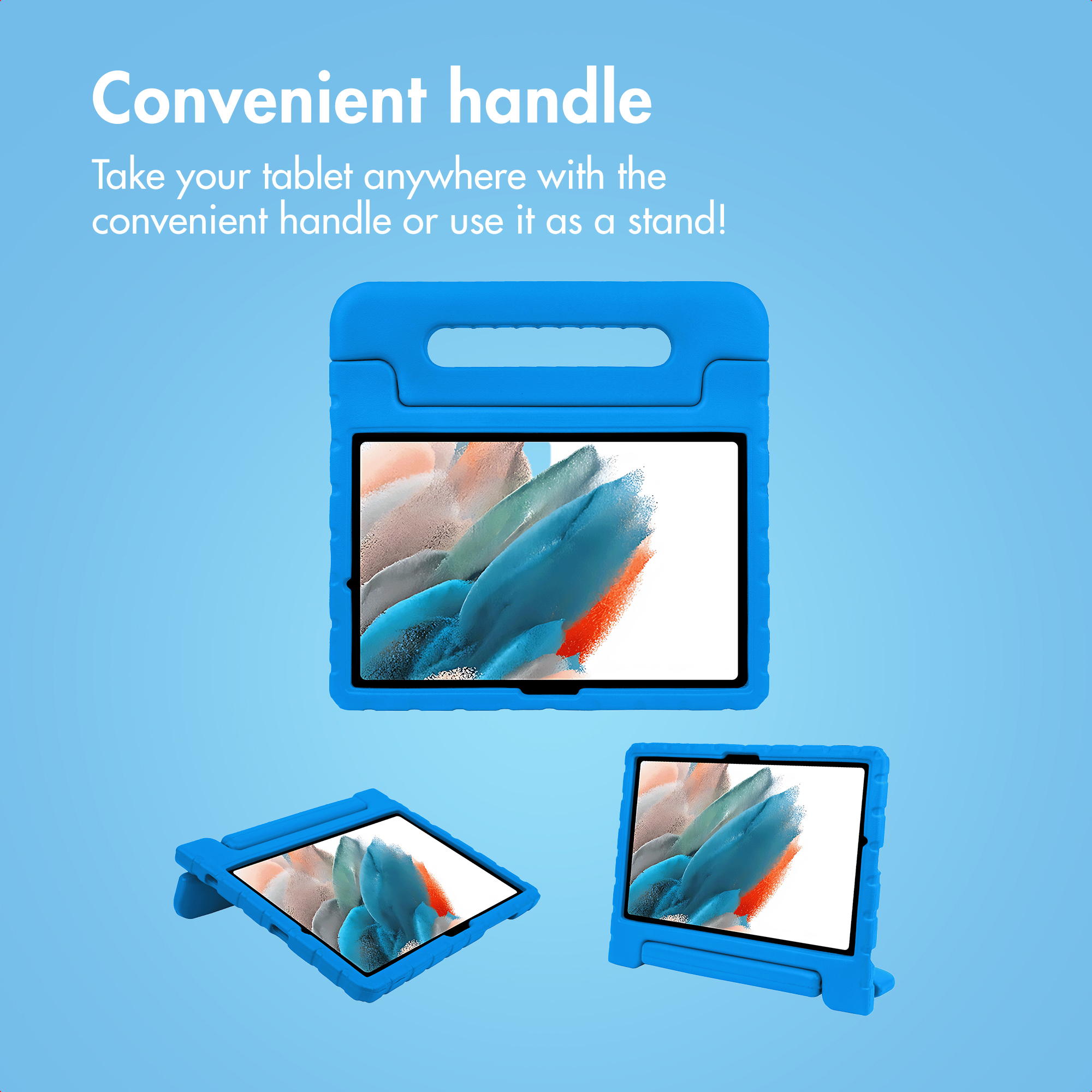 A blue tablet case with a handle that also serves as a stand, shown from three angles against a blue background.