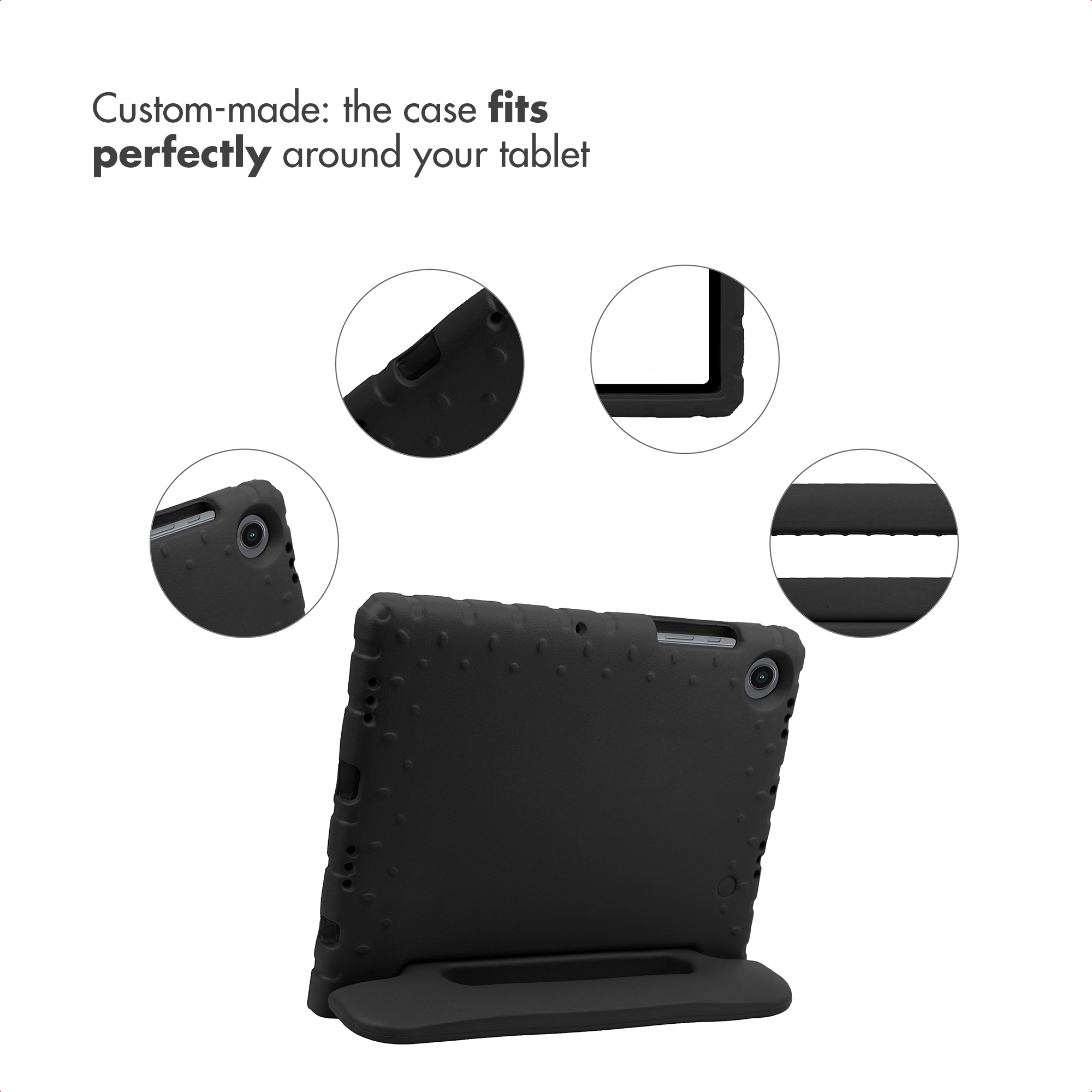A black tablet case shown with four circular zoom-in details highlighting its custom fit, buttons, and texture.