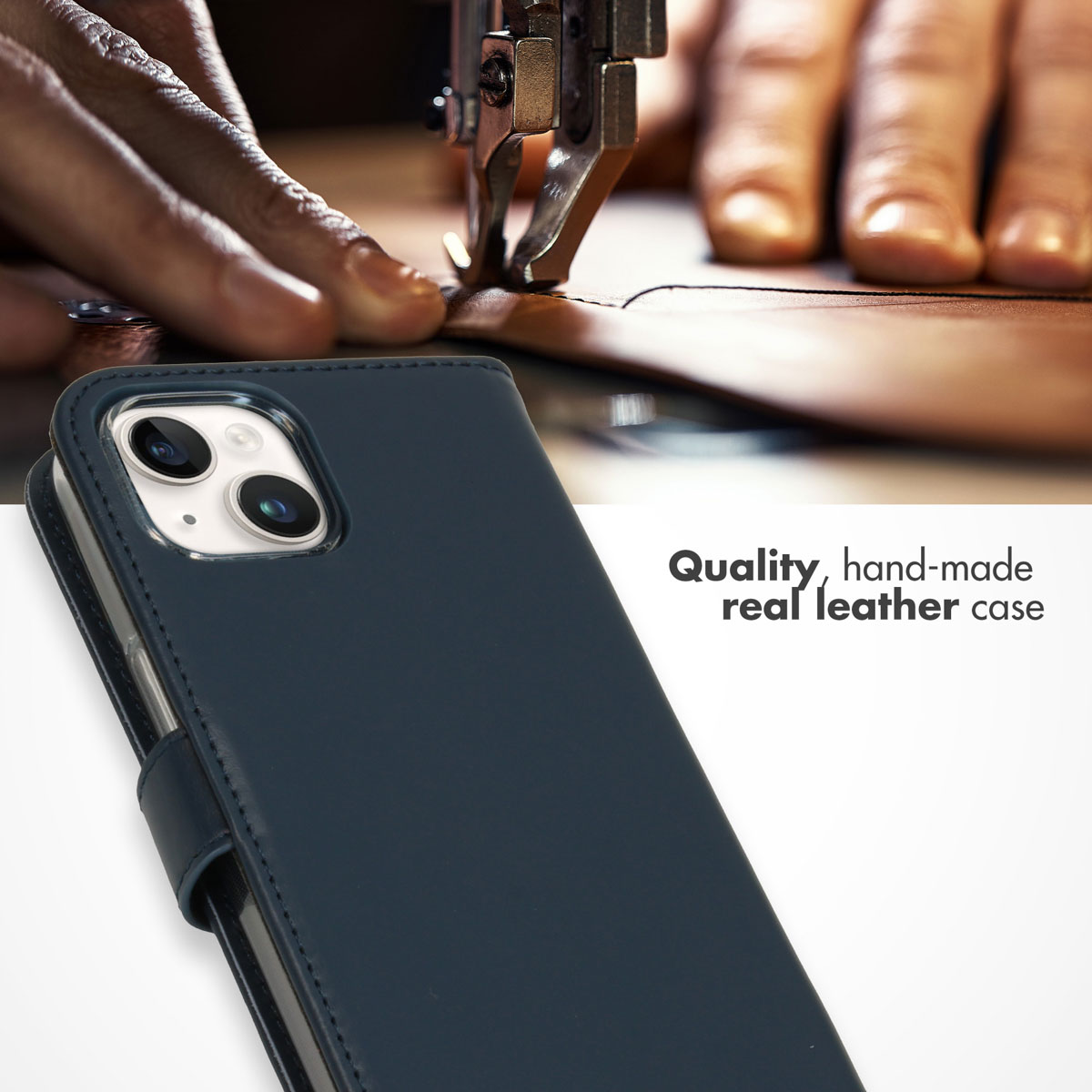 A dark blue leather phone case in the foreground, with hands stitching leather in the blurred background.