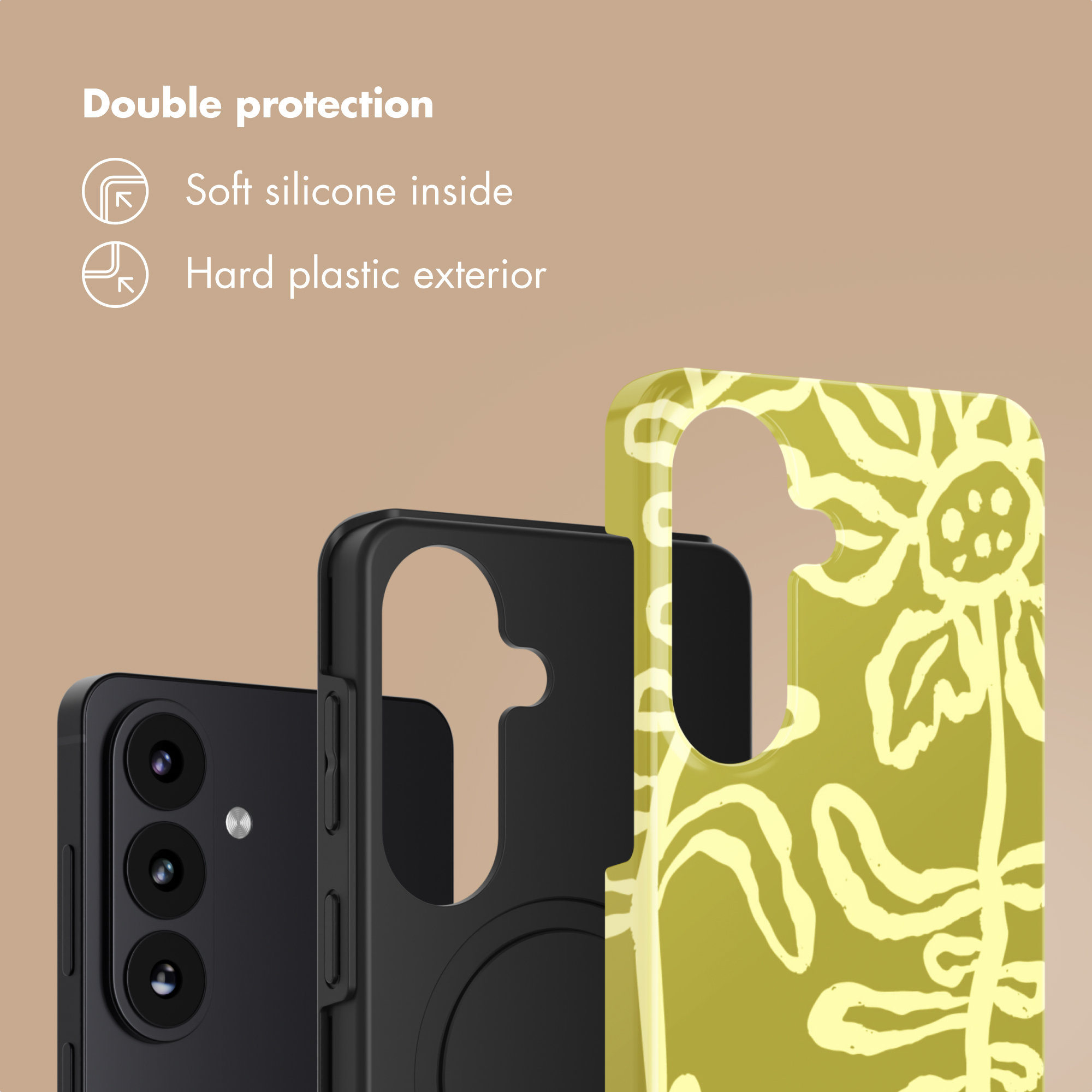 Custodia per telefono con silicone morbido all'interno e plastica rigida all'esterno.