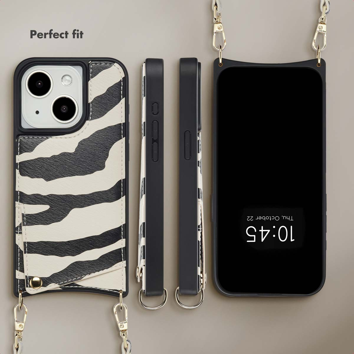 Zwart-witte zebramotief telefoonhoesje met riem vanuit meerdere hoeken.