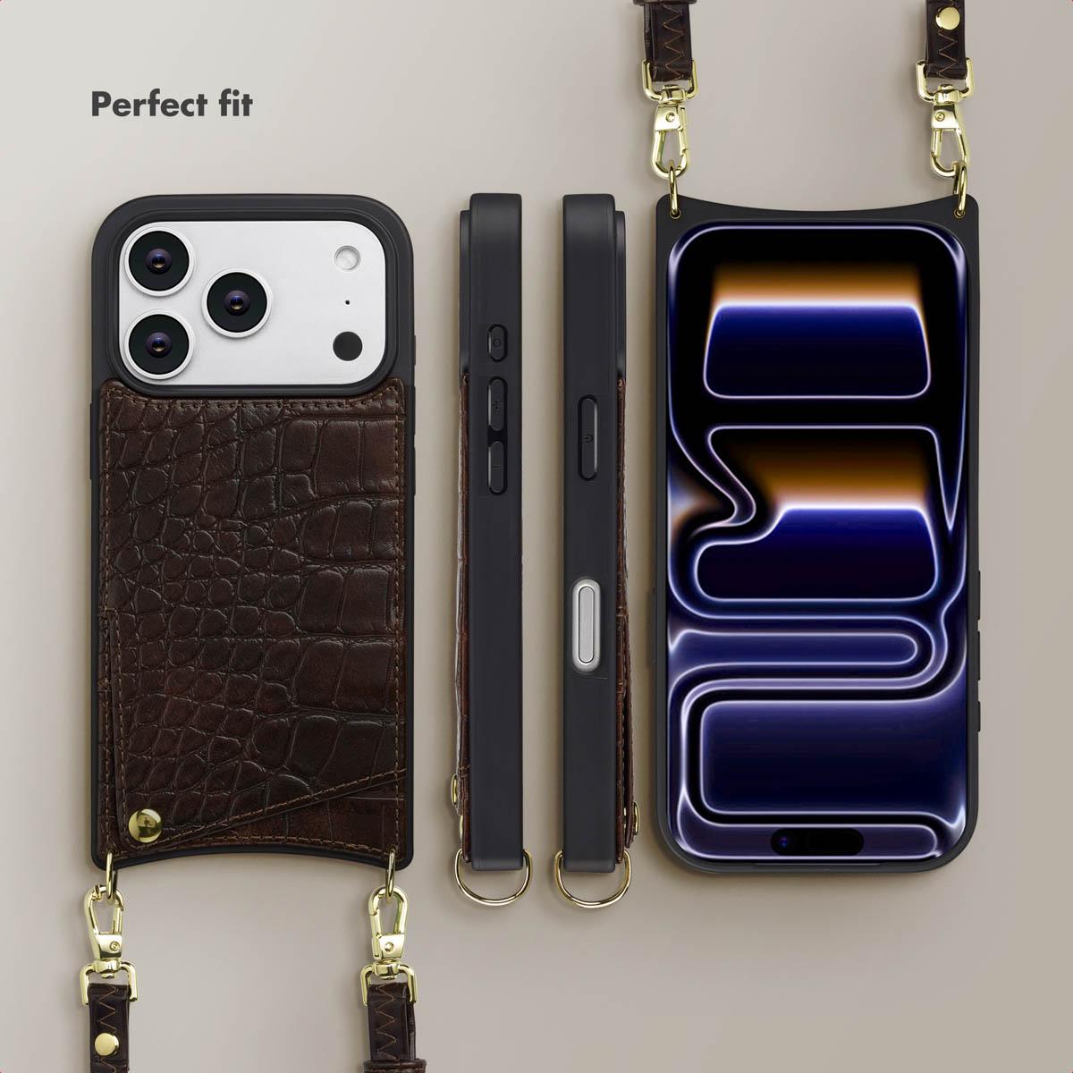 Una funda negra para smartphone con bolsillo de piel marrón texturizada de cocodrilo y correa desmontable.