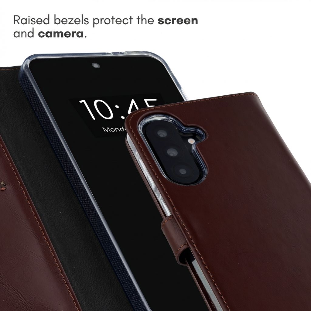 Ein braunes Leder-Flip-Case für ein Smartphone mit sichtbaren Kameraaussparungen und erhöhtem Rand.