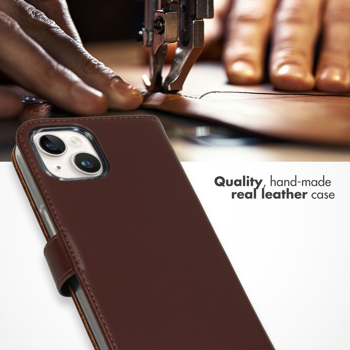 Brown real leather phone case next to a sewing machine and text.