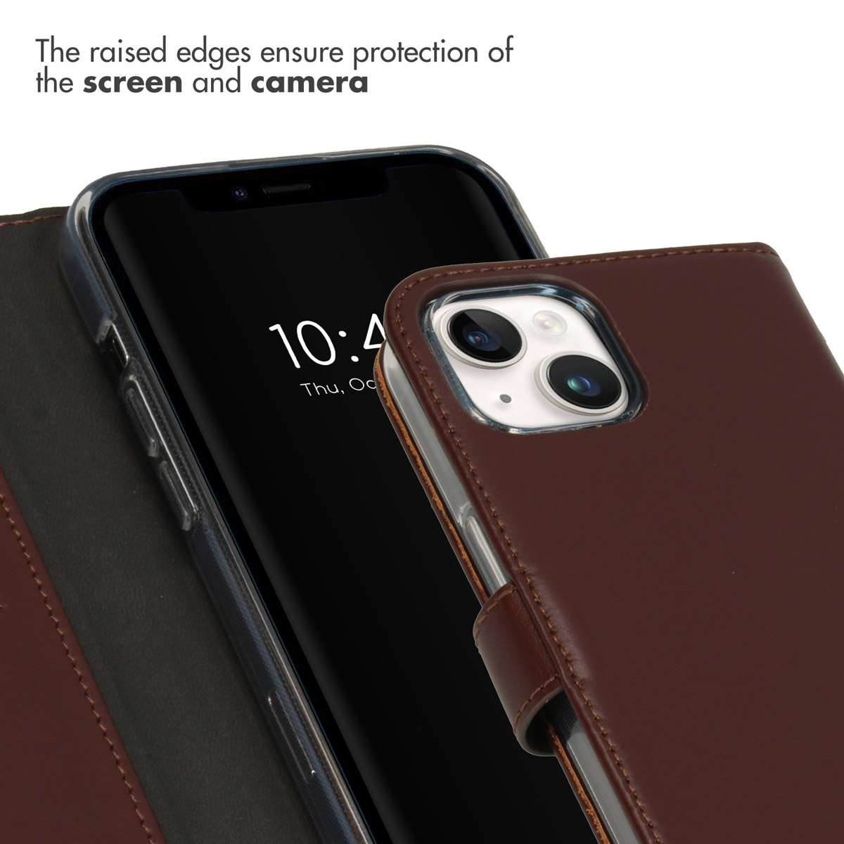 A smartphone in a brown leather case with raised edges to protect the screen and camera.