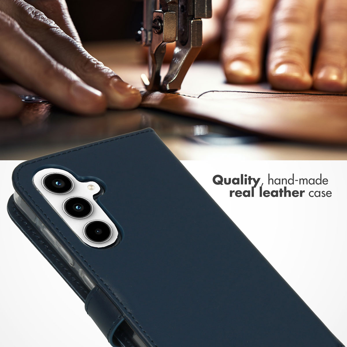 Un étui de smartphone en cuir bleu avec triple appareil photo sous une machine à coudre.
