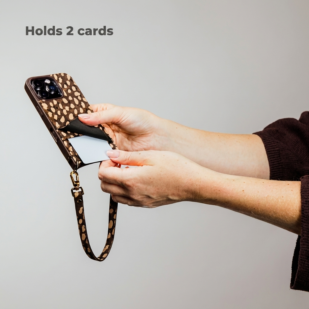 Une main tient une coque de téléphone imprimé léopard avec deux cartes insérées.