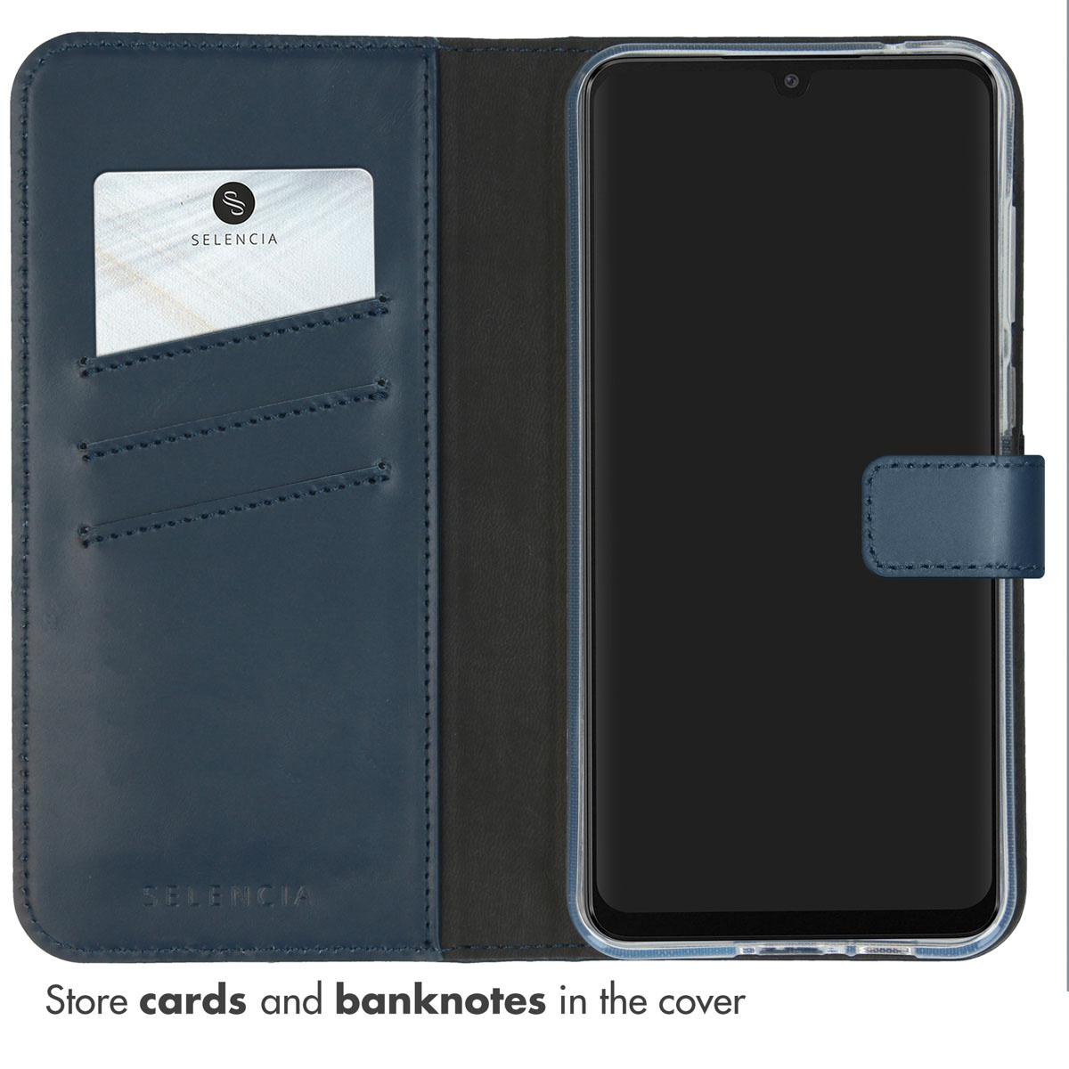 Un étui de téléphone en cuir bleu avec des fentes pour cartes, contenant une carte blanche et un téléphone.