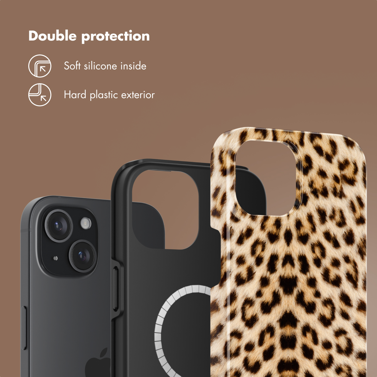 Double protection avec silicone souple à l'intérieur et plastique rigide à l'extérieur.