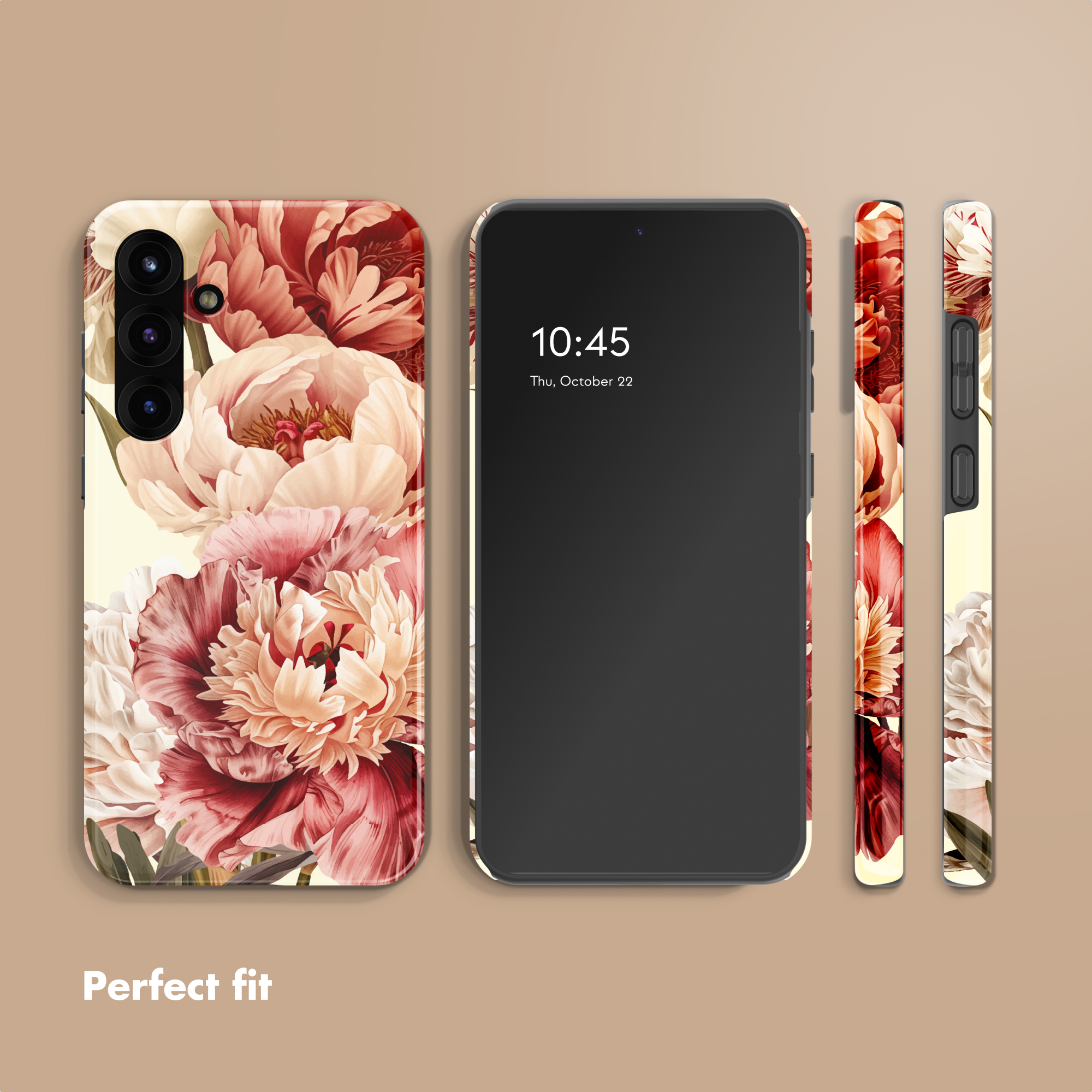 Smartphone mit einer Hülle im Blumen-Design mit roten und weißen Pfingstrosen.