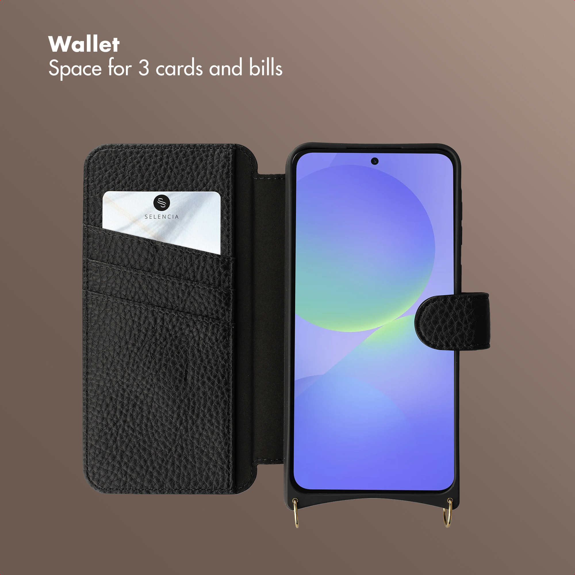 Schwarze Leder-Handyhülle mit Kartenfächern und einem Smartphone.