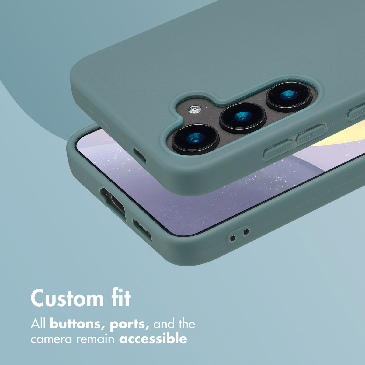 Smartphone verde en una funda protectora sobre fondo azul con texto.