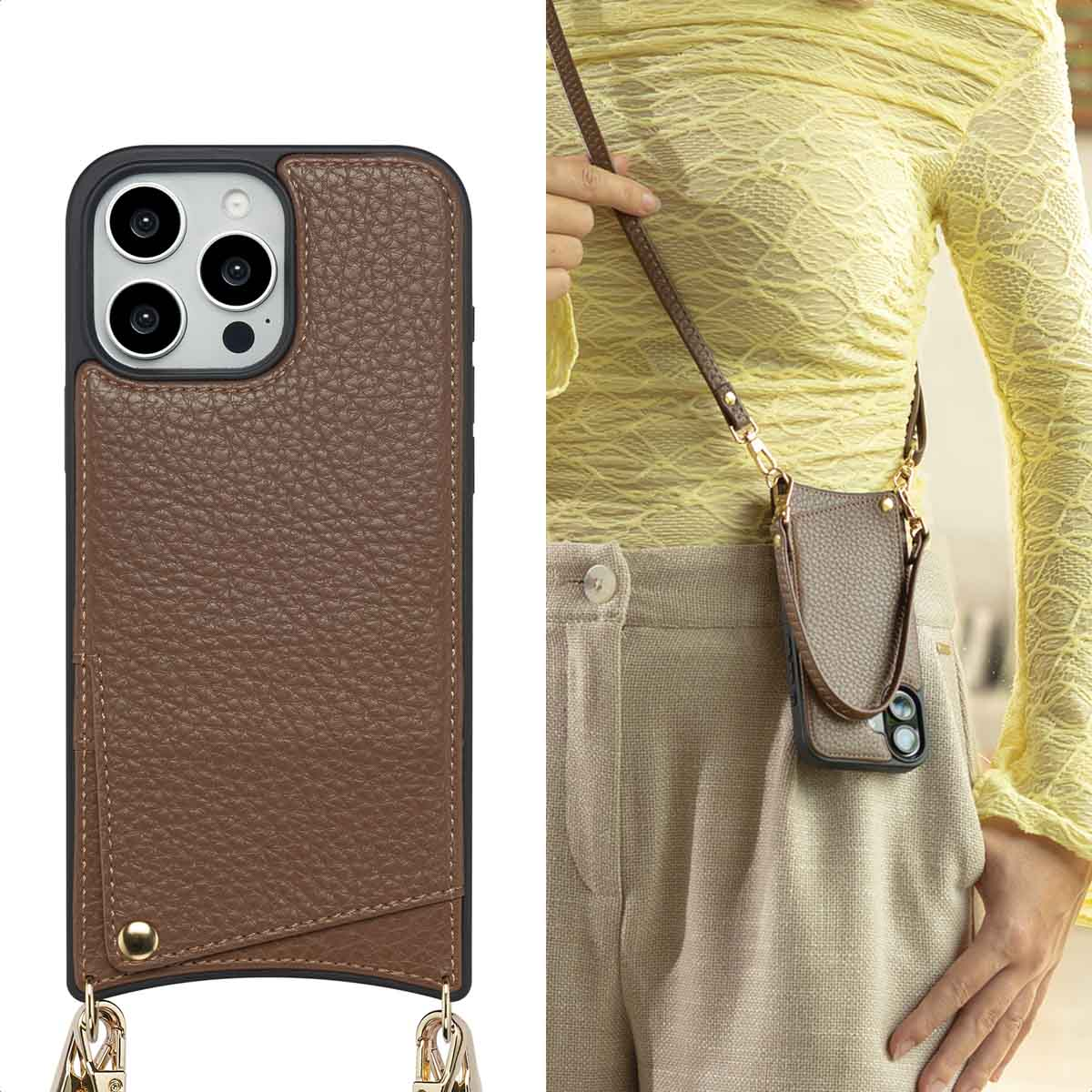 Fundas de cuero marrón para móvil con tarjetero y correa, mostradas en detalle y puestas.