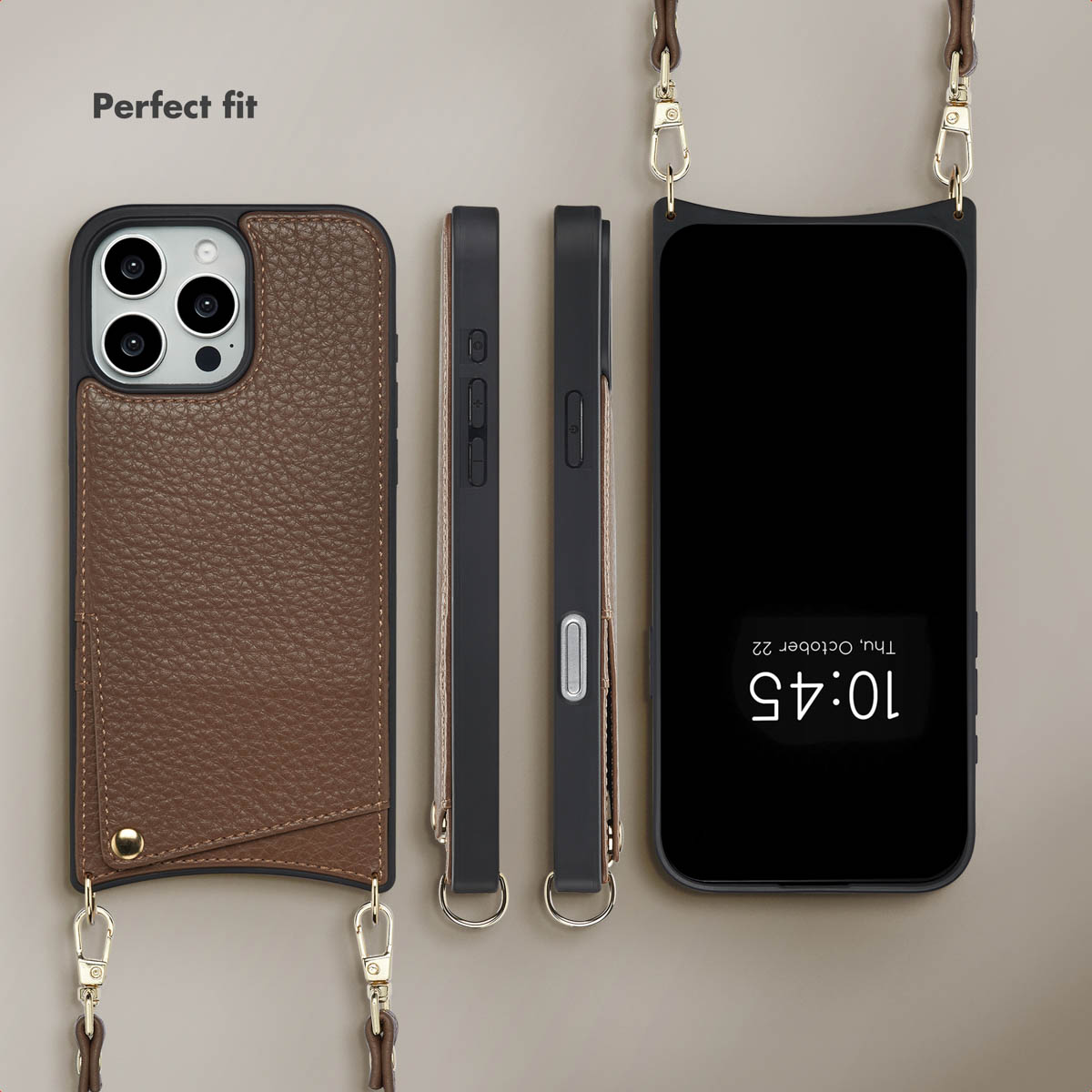 Una funda de piel marrón para smartphone mostrada desde varios ángulos.