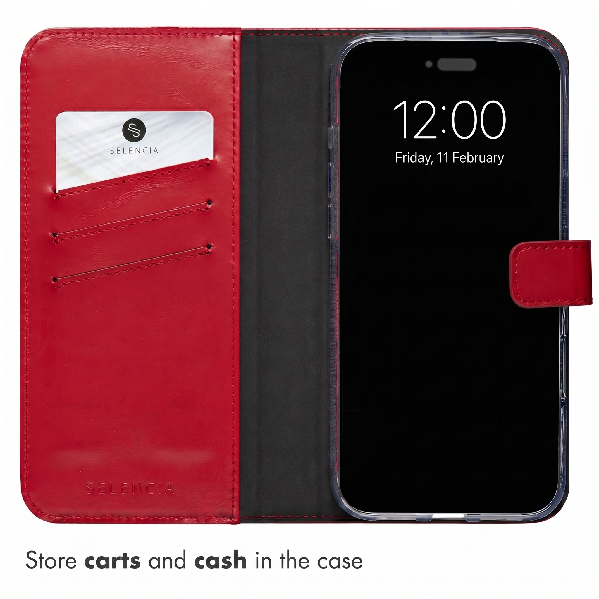 Ein rotes Leder-Smartphone-Flip-Case mit Kartenfach und einem Smartphone auf der rechten Seite.