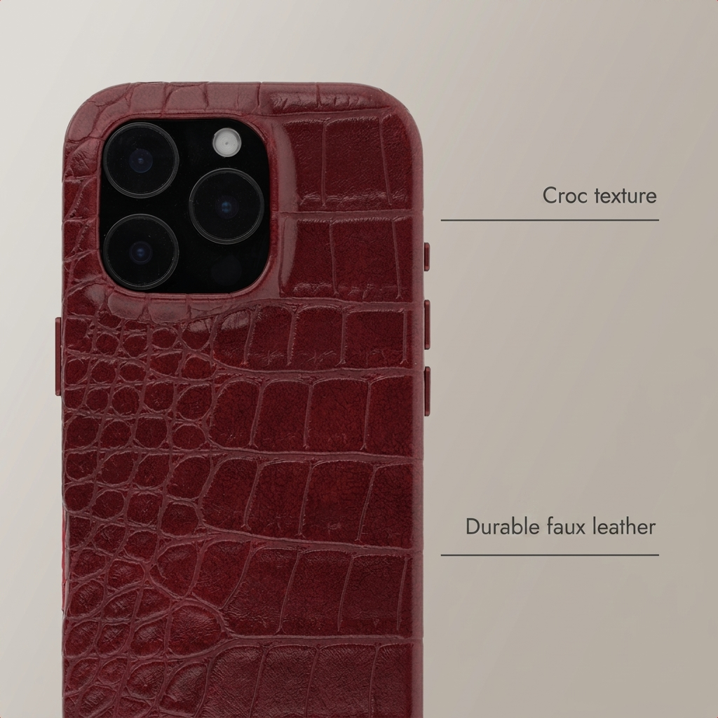 Red croc faux leather phone case with triple camera cutout.
