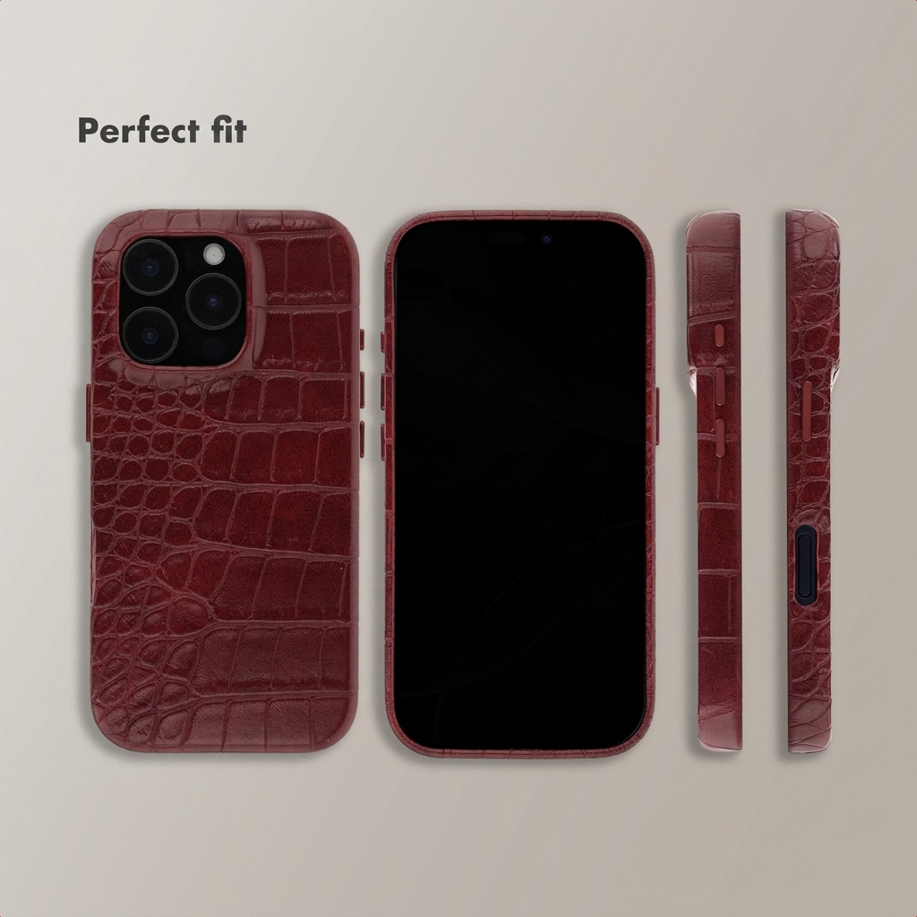 Different views of a dark red crocodile leather phone case on an iPhone, with the text Perfect fit.