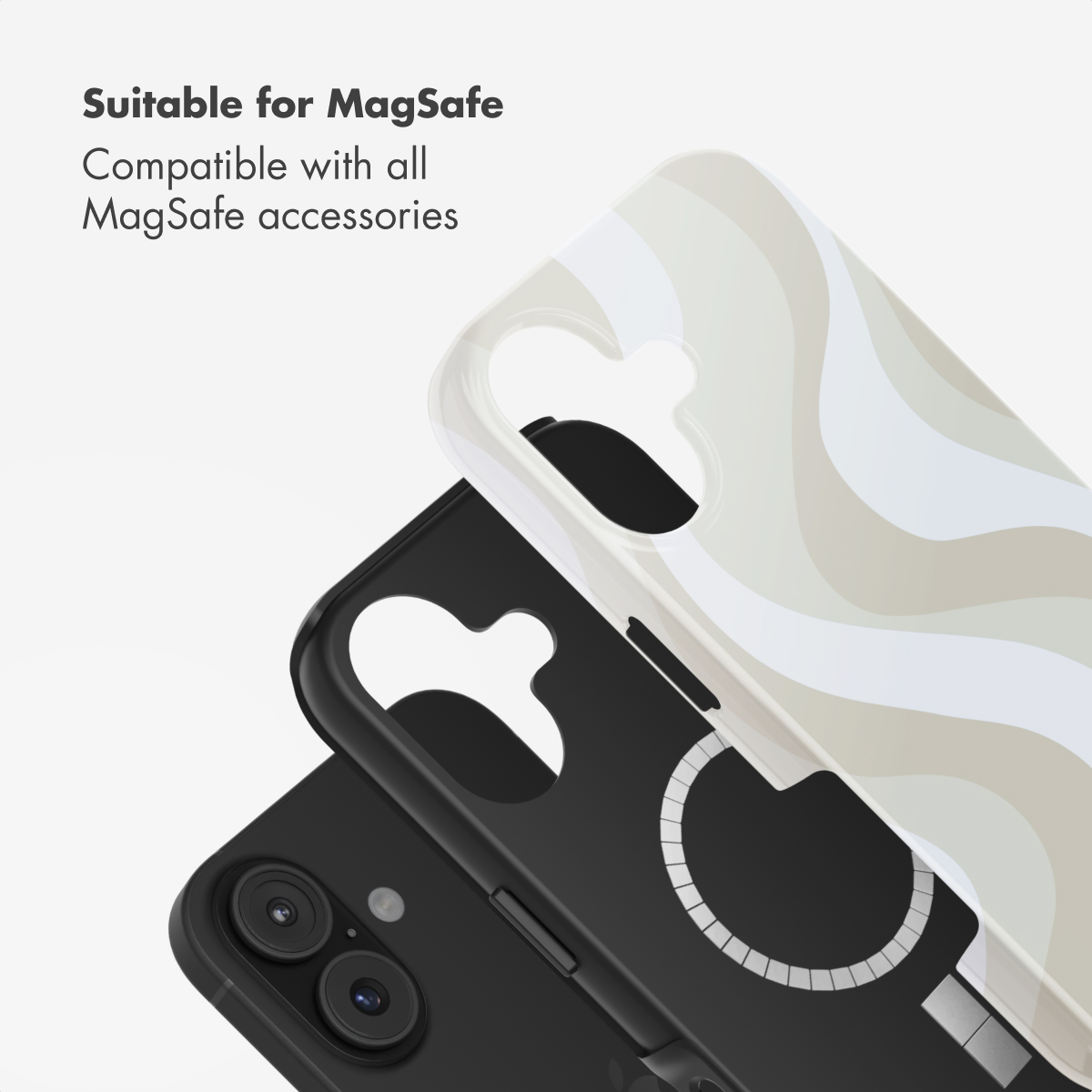 Custodia per telefono MagSafe con onde grigie e bianche, testo sopra.