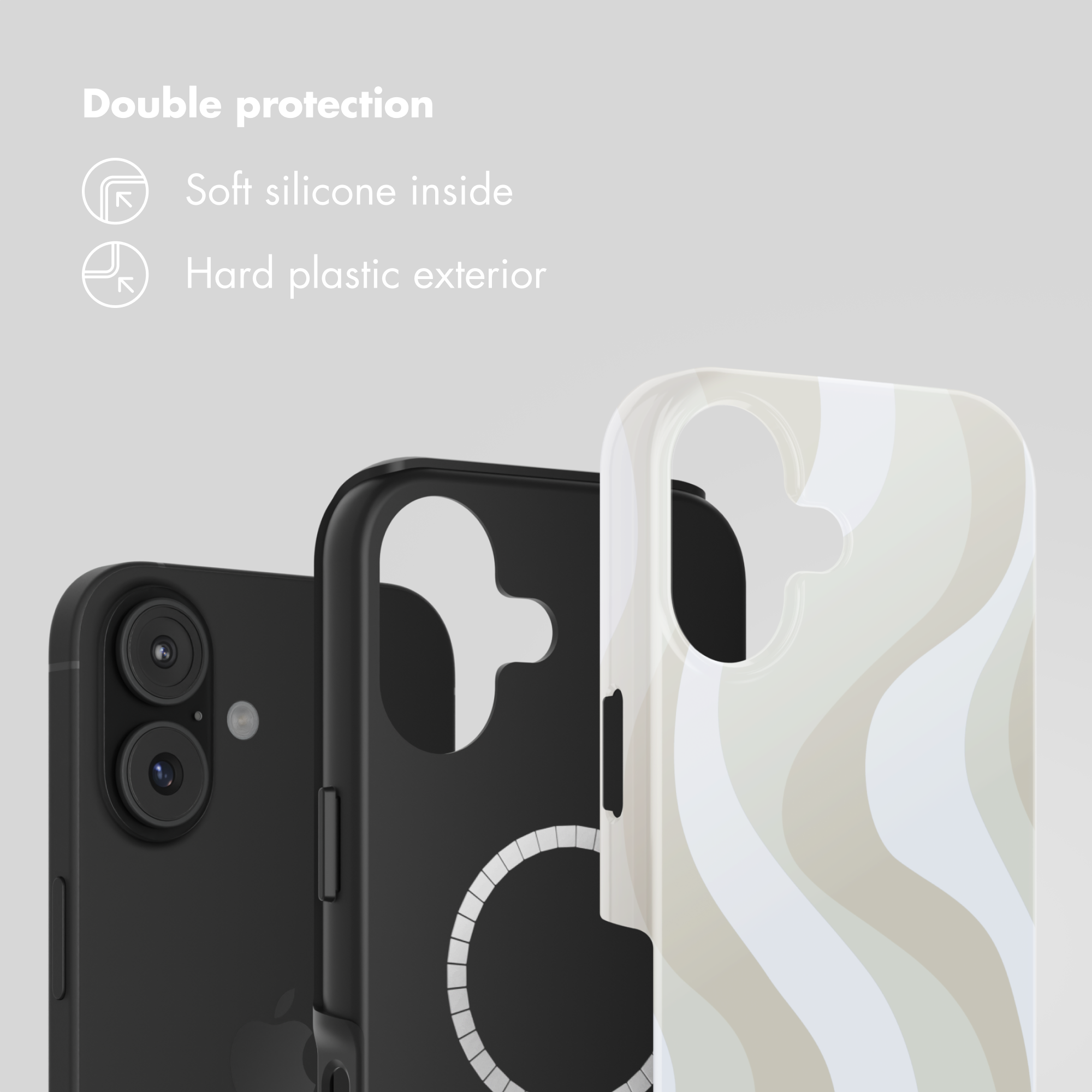 Doppia protezione con silicone morbido interno ed esterno in plastica rigida.