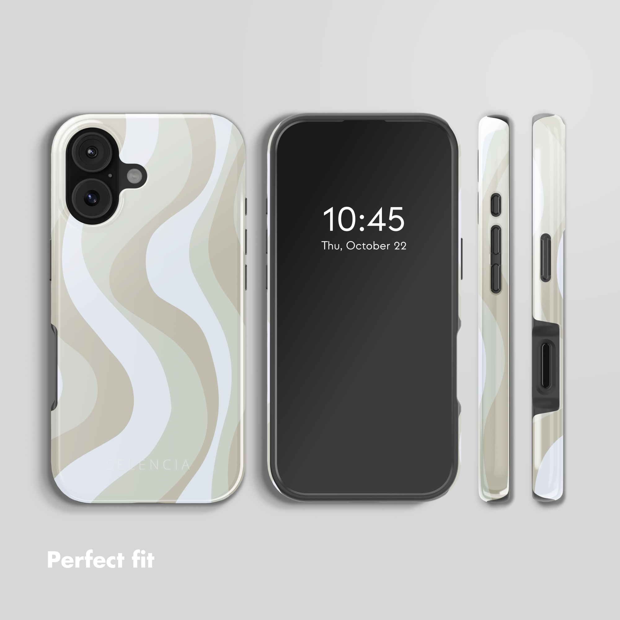 Varie viste di uno smartphone con cover ondulata beige, bianca e azzurra su sfondo grigio.