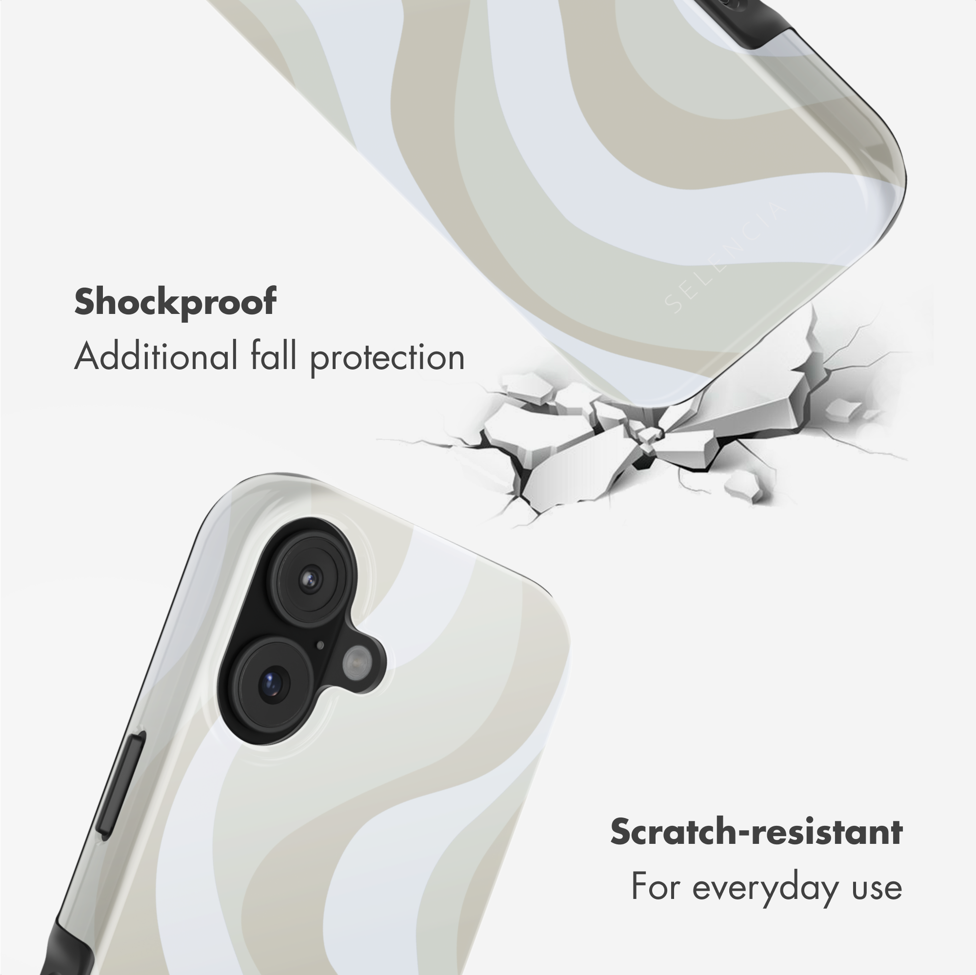Una cover per telefono con motivo ondulato beige e bianco, che evidenzia funzioni antiurto e antigraffio.
