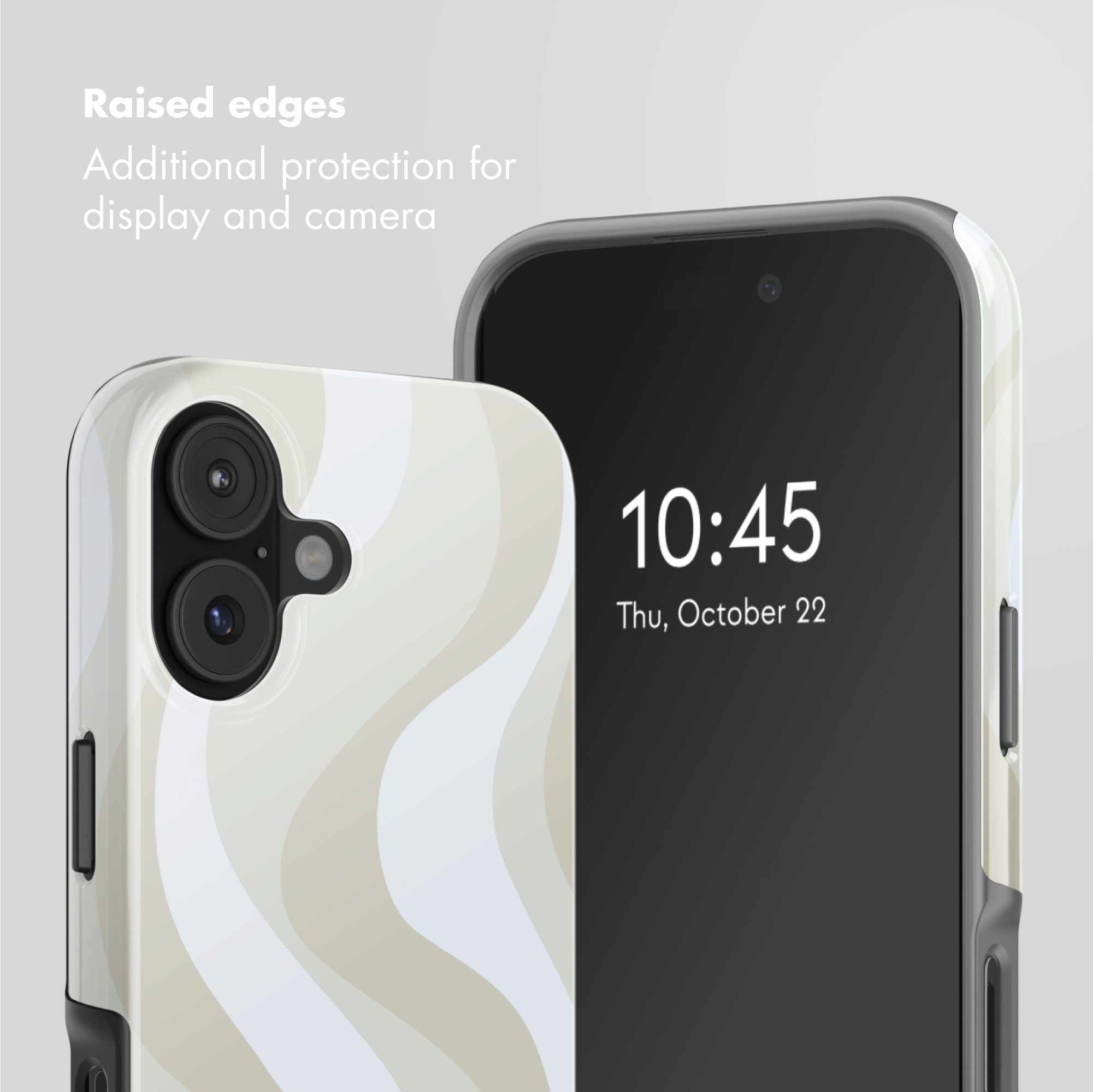 Due smartphone in custodie protettive con design beige ondulato e bordi rialzati.