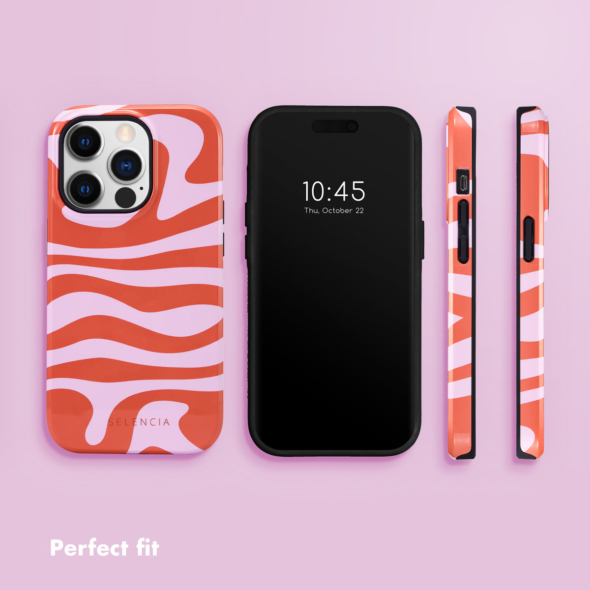 Uno smartphone con cover a onde rosa e rossa mostrata da più angolazioni su sfondo rosa.