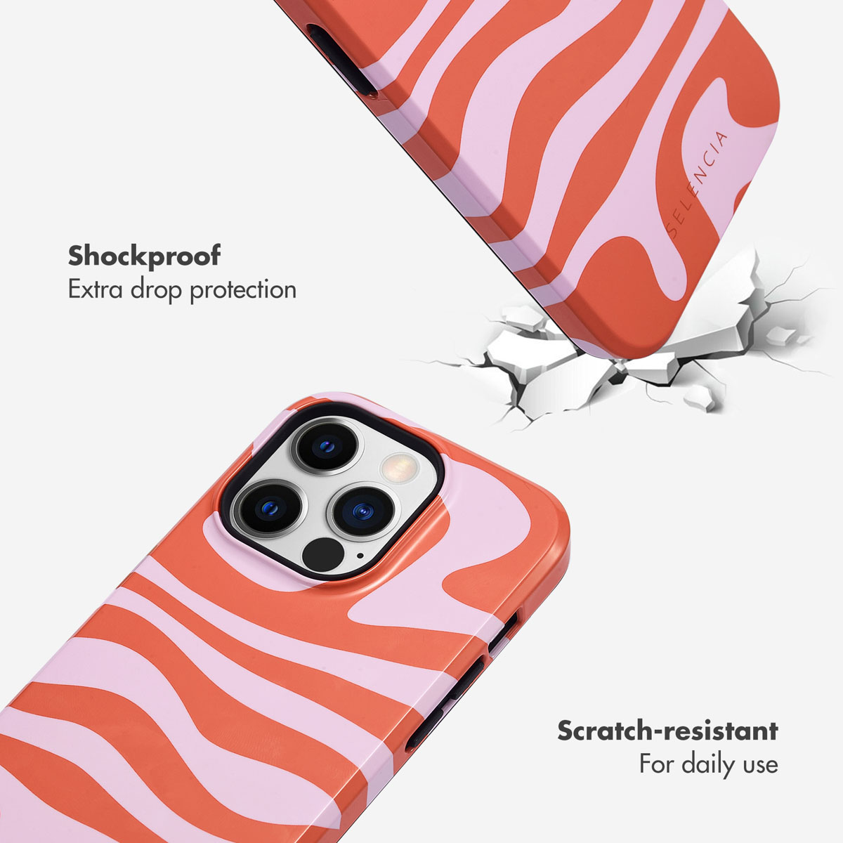 Custodia per telefono con motivo ondulato rosa e arancione, antigraffio.