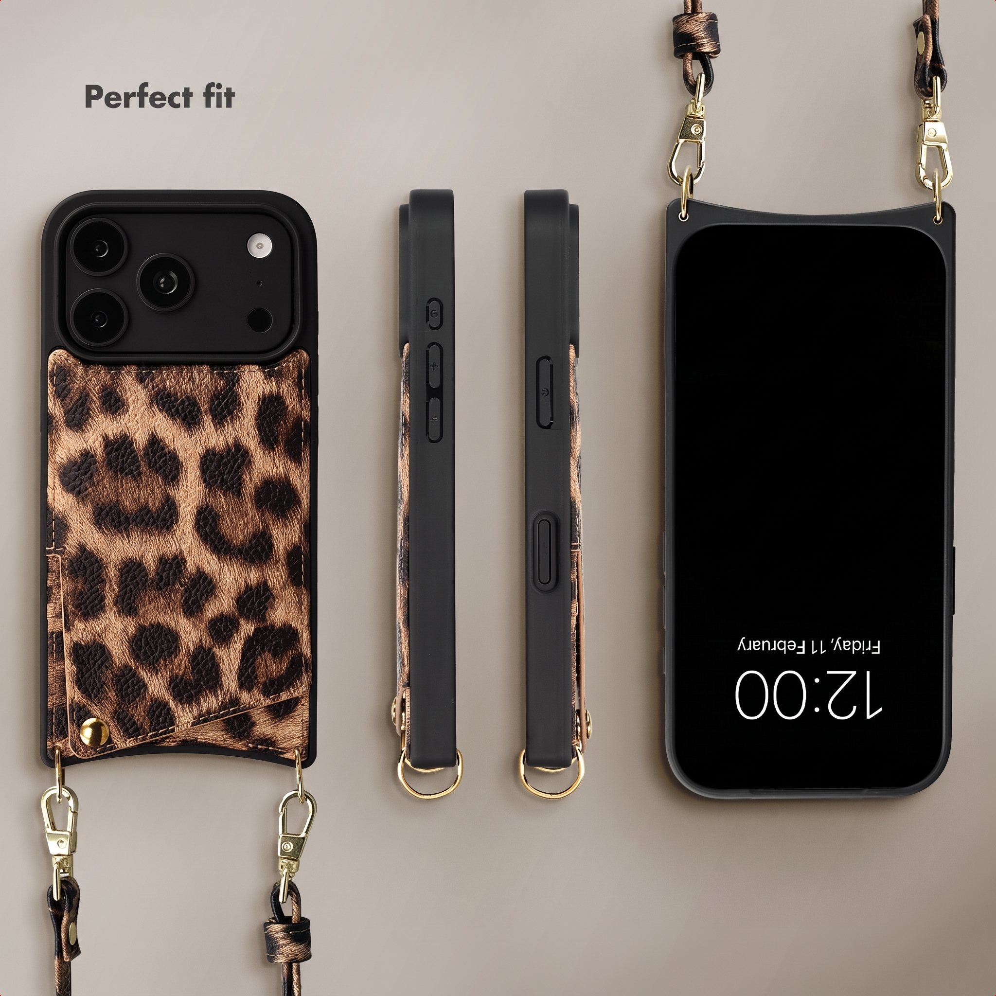Mehrere Ansichten einer schwarzen Smartphone-Hülle mit Leopardenmuster und goldenen Details, Text: Perfect fit.