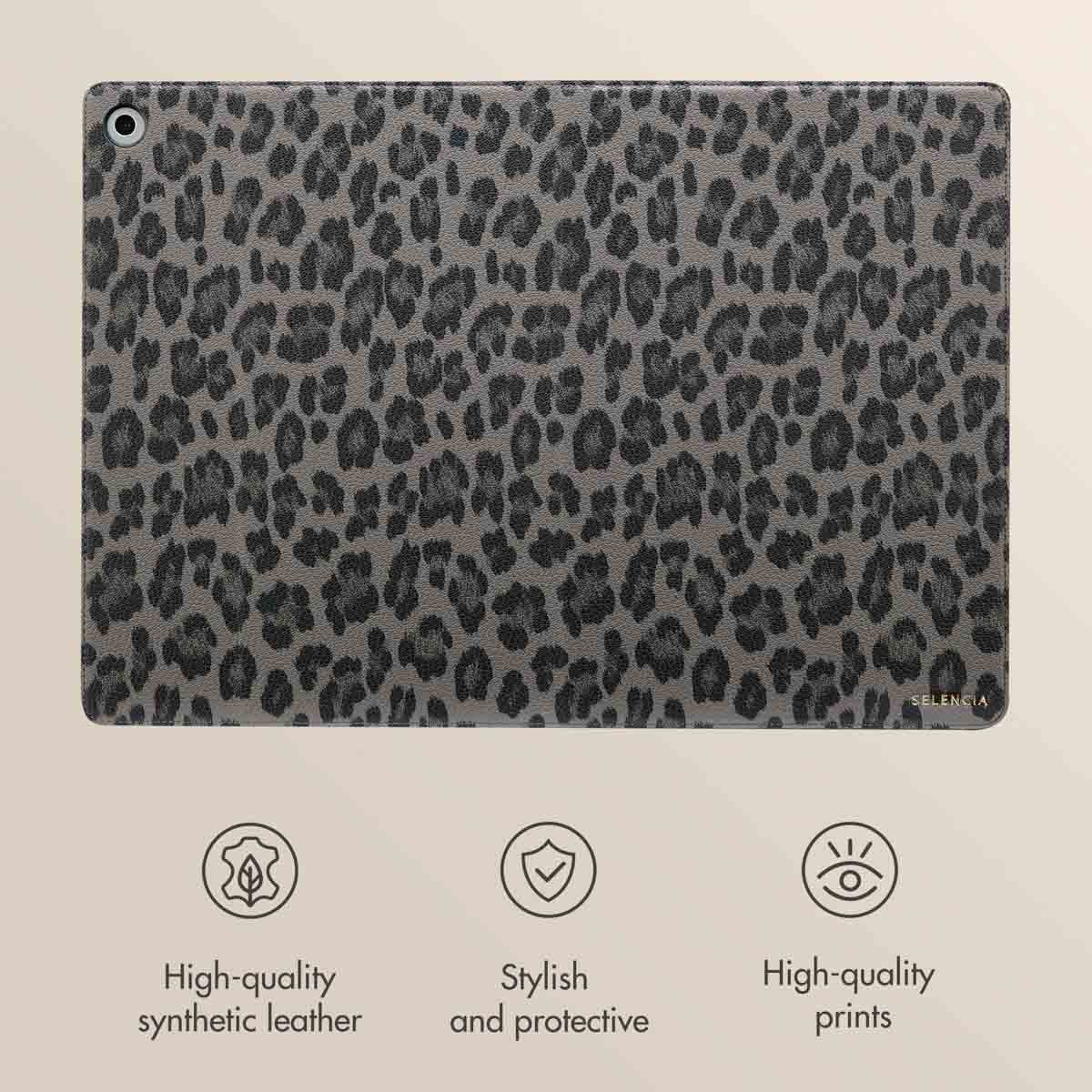 Tablet case with grey leopard print, synthetic leather, stylish, protective, and featuring high-quality prints.