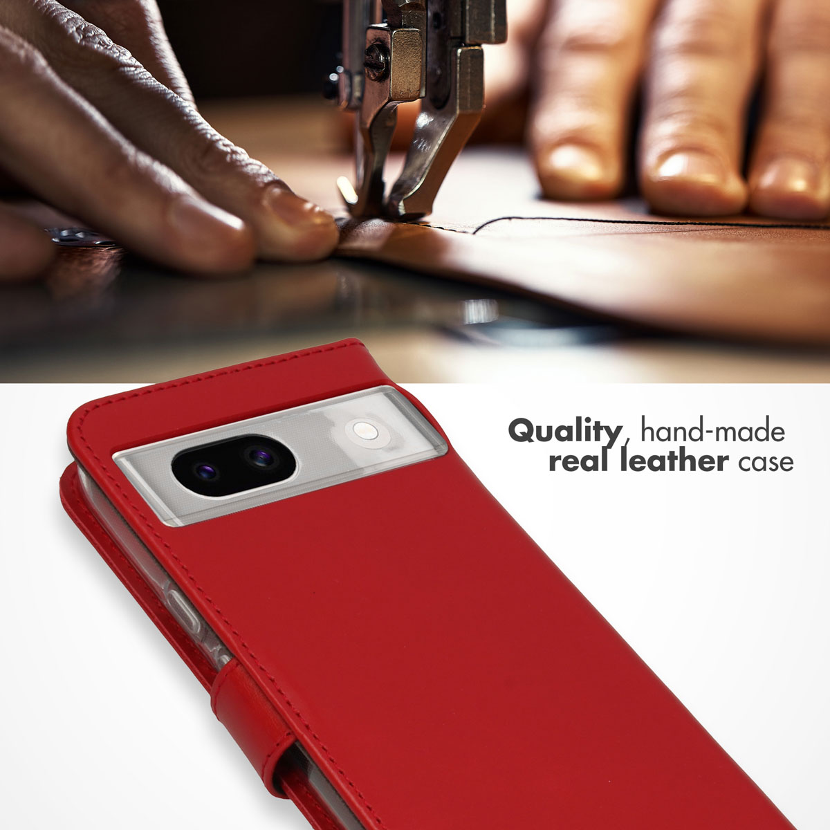 Étui de téléphone en cuir rouge fait main, avec une machine à coudre en arrière-plan.