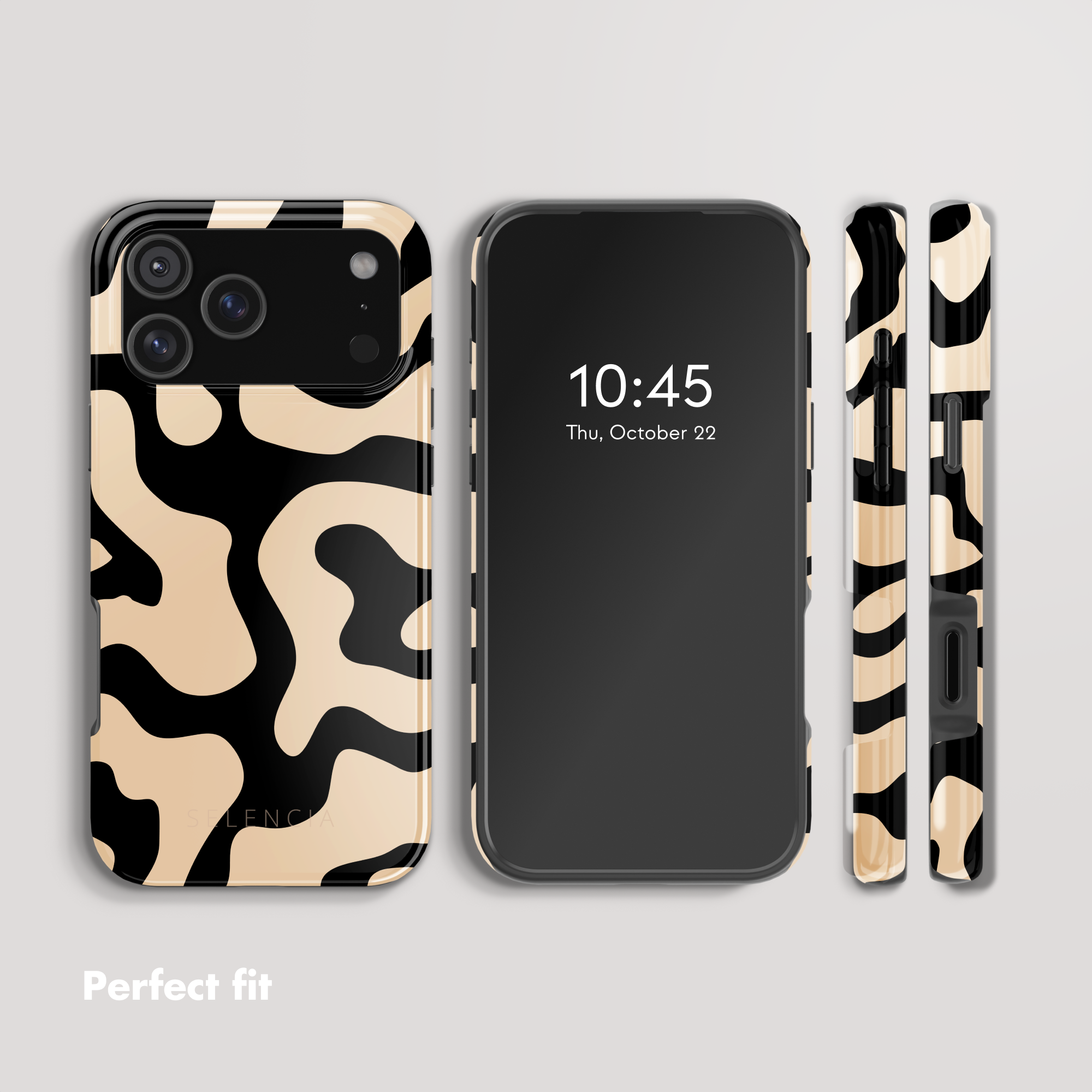 Mehrere Ansichten einer Smartphone-Hülle mit schwarz-beigem Kuhfleckenmuster auf grauem Hintergrund.