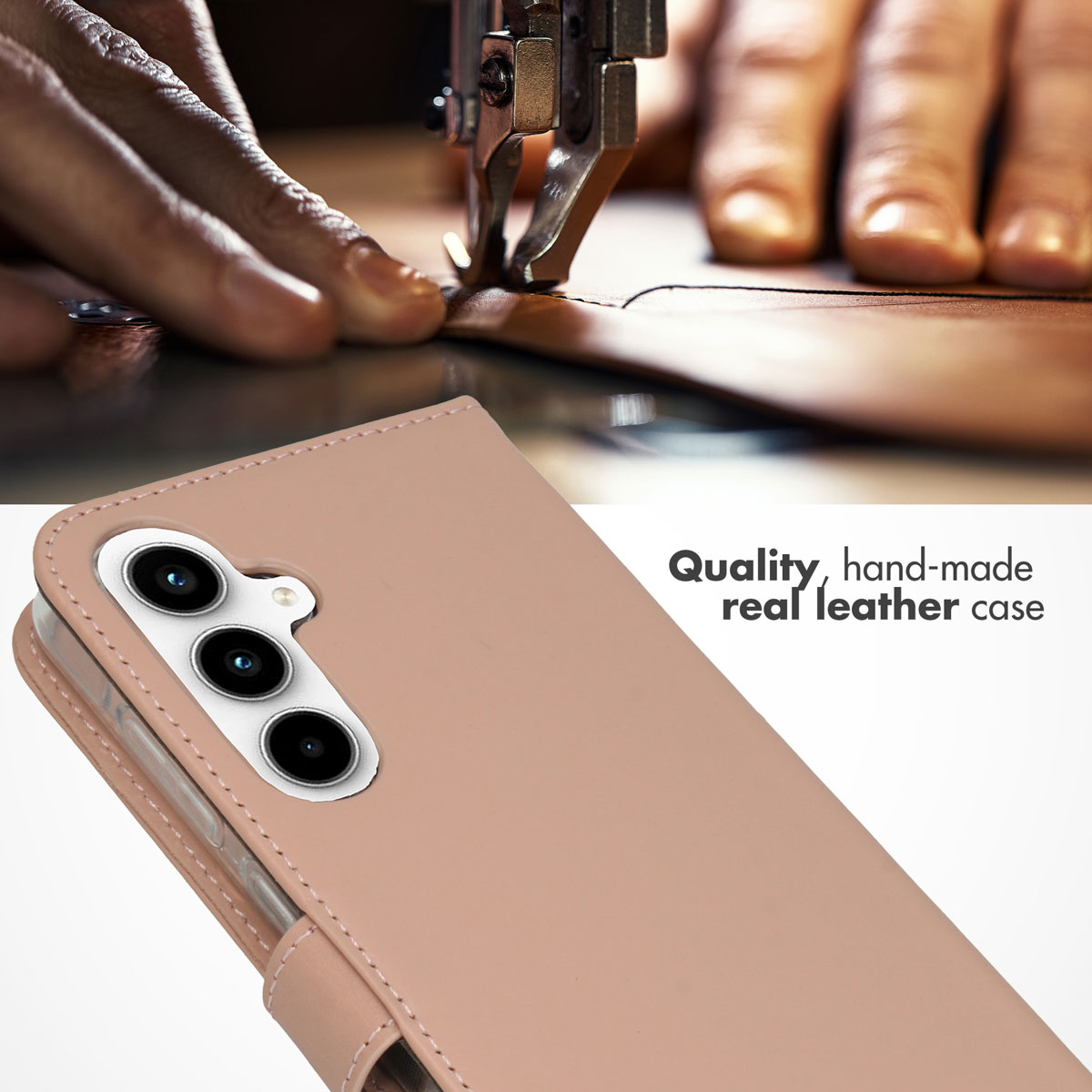 Étui de téléphone en cuir véritable fait main en gros plan, avec une machine à coudre le cuir en arrière-plan.