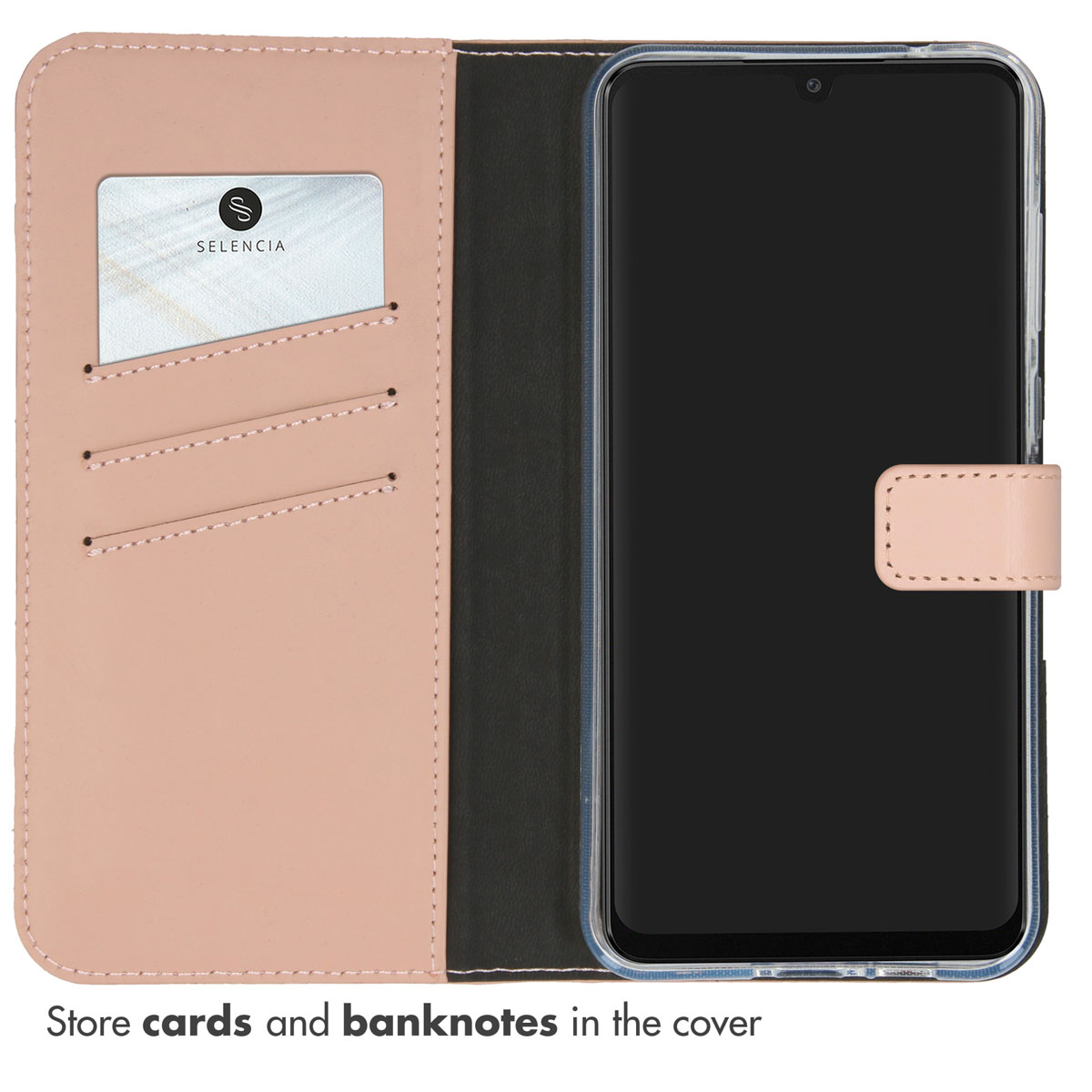 Étui à rabat rose pour smartphone avec fentes pour cartes, contenant un téléphone et une carte Selencia.