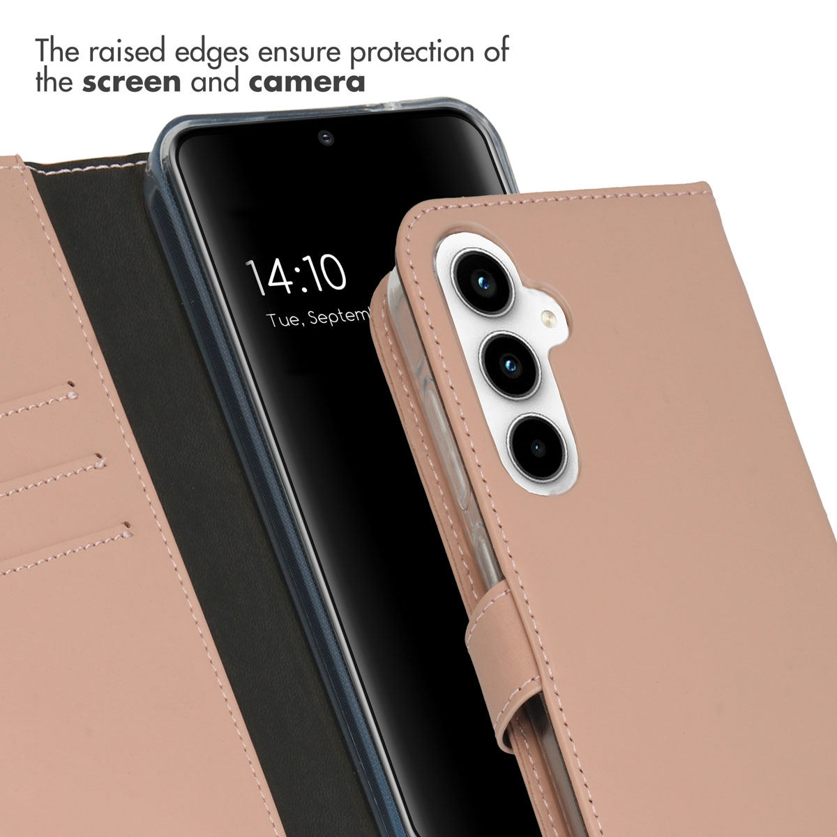 Un étui de téléphone en cuir rose montrant les découpes pour l'appareil photo.