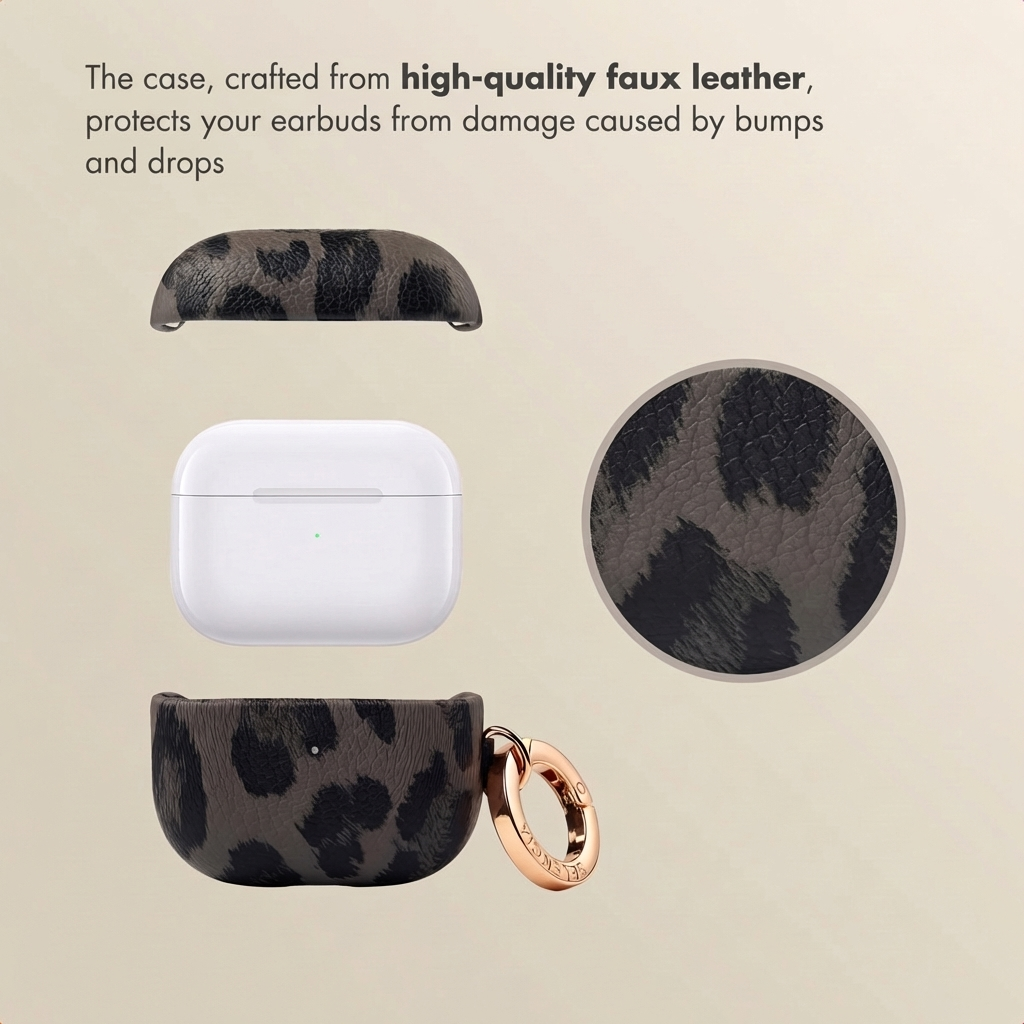 Funda de piel sintética con estampado de leopardo, estuche de auriculares blanco y anillo de oro rosa.