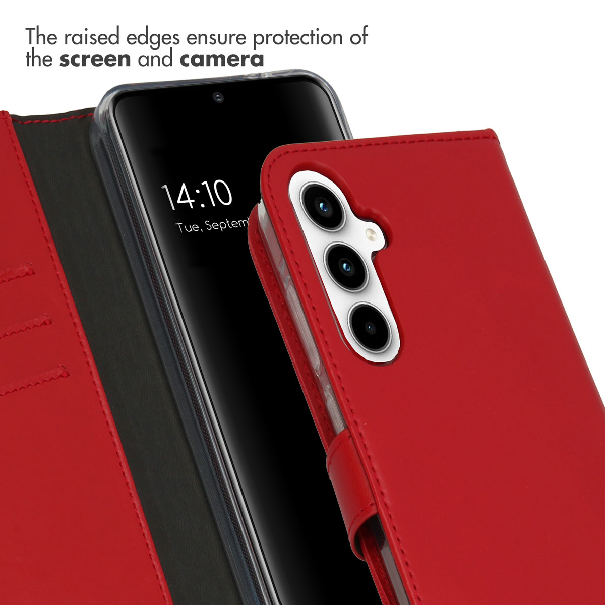 Ein rotes Leder-Klappetui für ein Smartphone zeigt die Kamera und den Bildschirm.