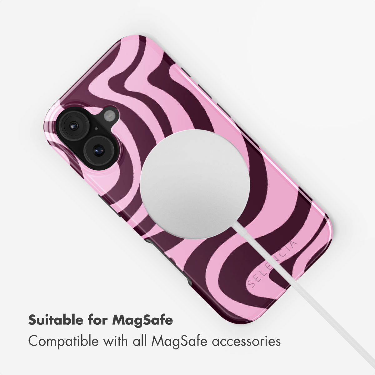 Custodia per telefono con motivo ondulato rosa e rosso scuro con caricabatterie MagSafe.