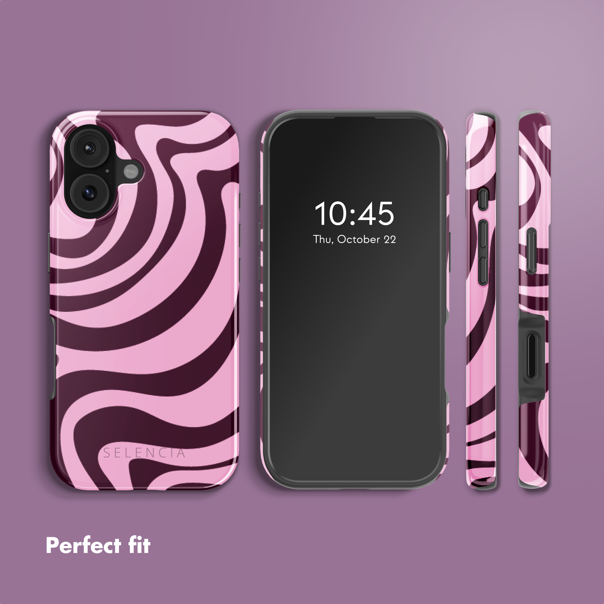 Smartphone in custodia con motivo ondulato rosa e nero, varie angolazioni.