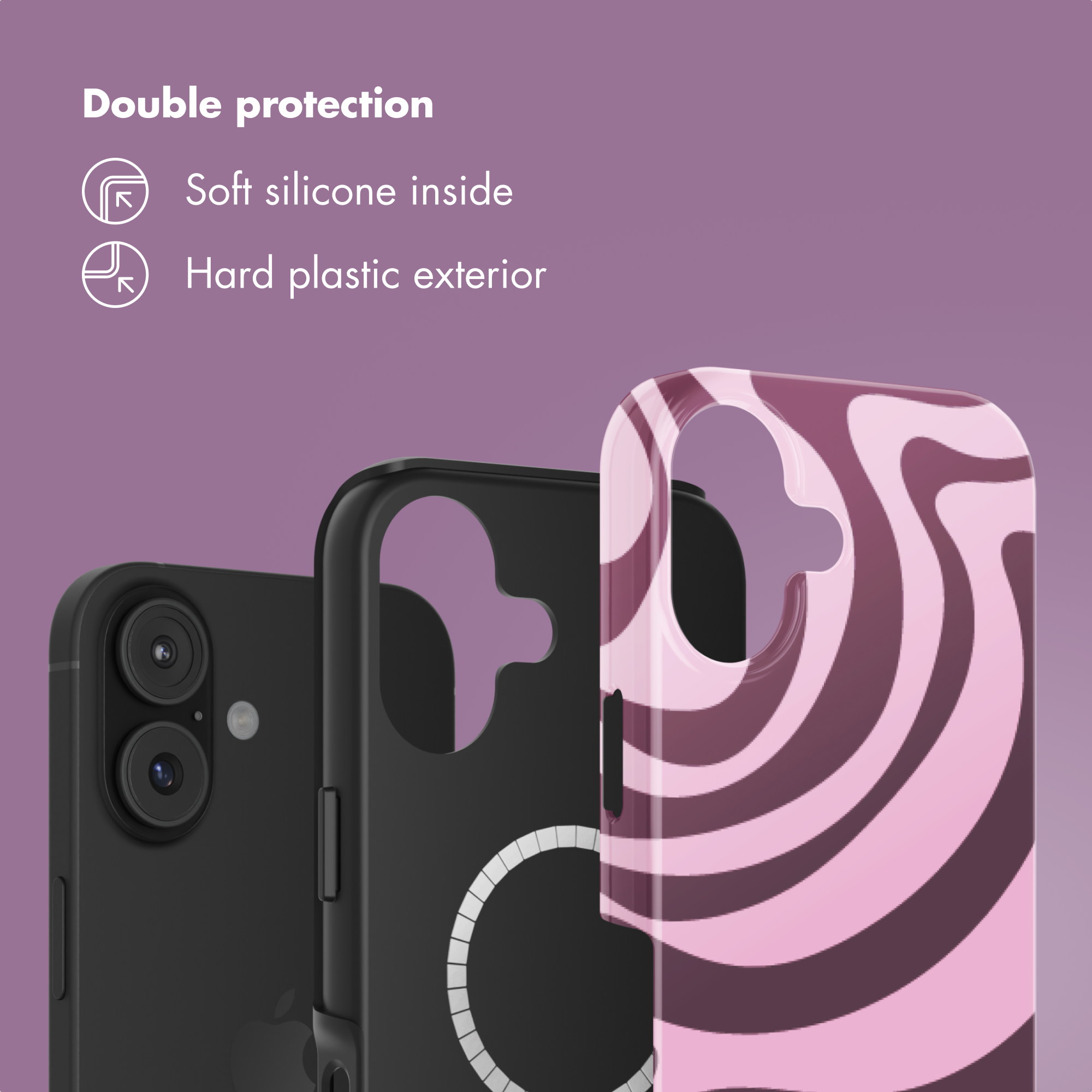 Pubblicità di custodia protettiva con interno in morbido silicone ed esterno in plastica rigida.